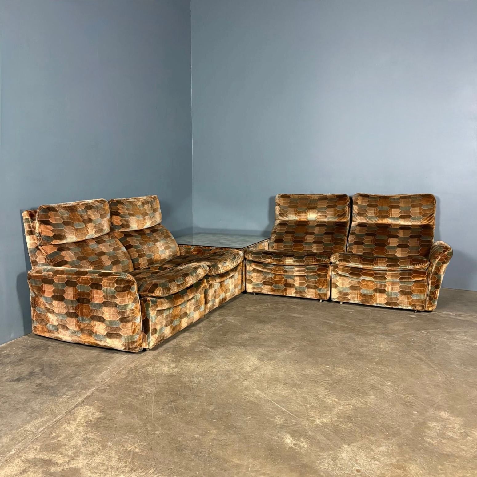 Mid Century Everest Modular Lounge Suite Brown Blue Hexagonal Geometric Vintage Retro MCM