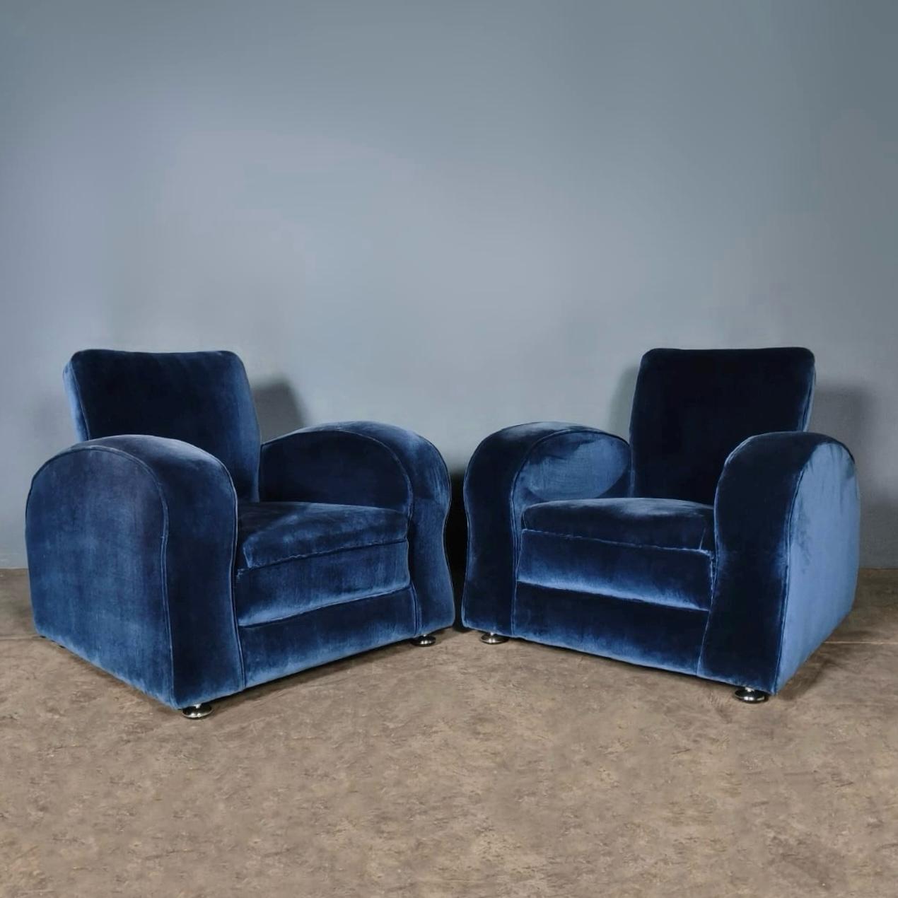 SOLD Blue Velvet Art Deco Armchair Mid Century Vintage Retro MCM