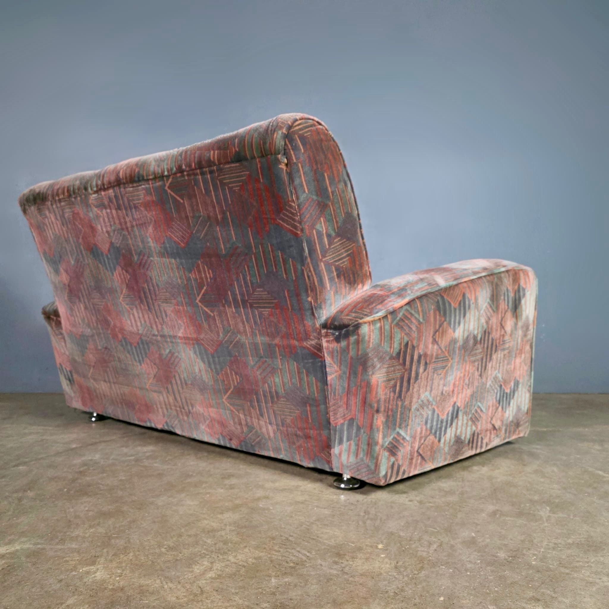 SOLD Art Deco Geometric Patterned Two Seater Sofa Mid Century Vintage Retro MCM