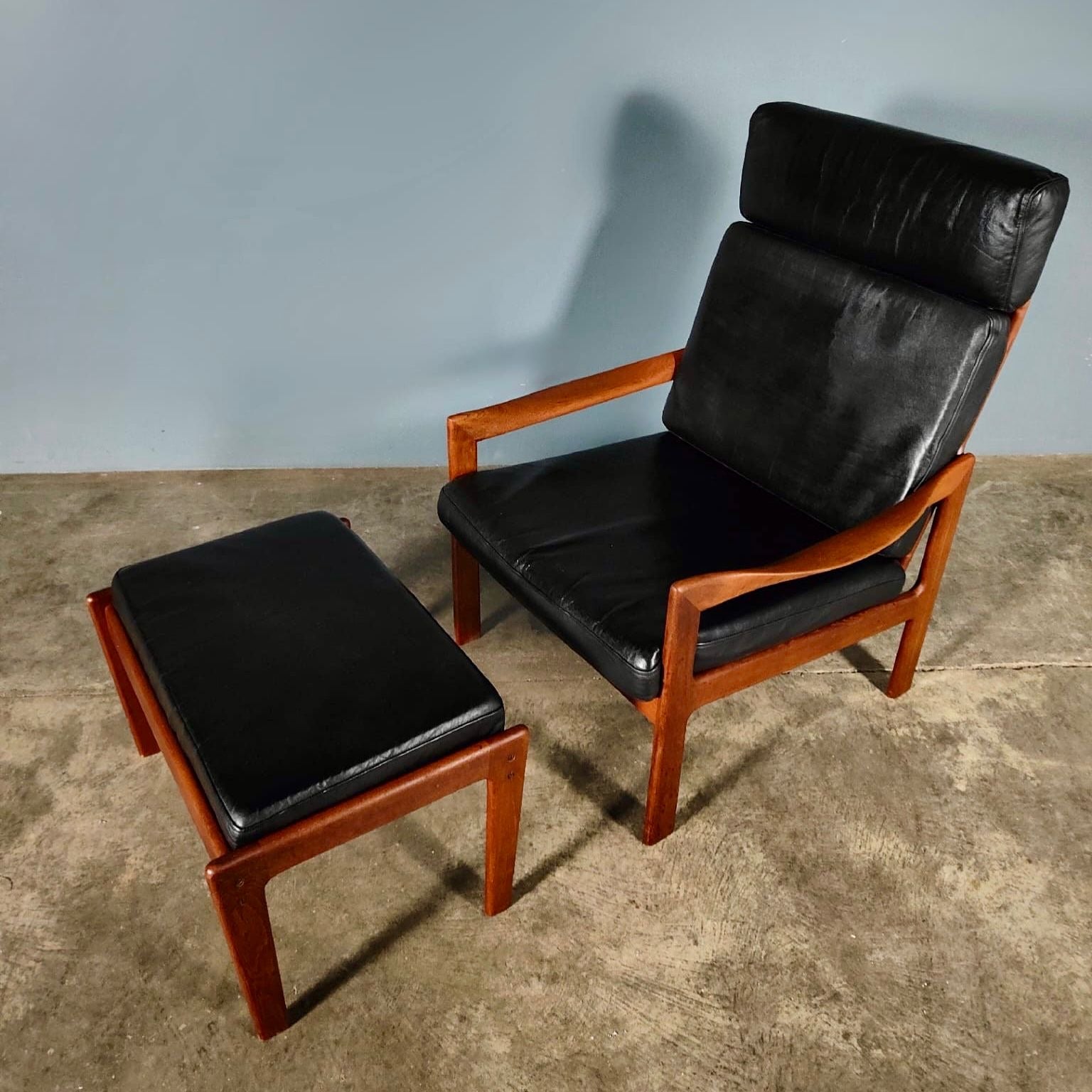 Mid Century Danish Lounge Chair & Ottoman Teak Black Leather By Illum Wikkelsø For Niels Eilersen Vintage Retro MCM