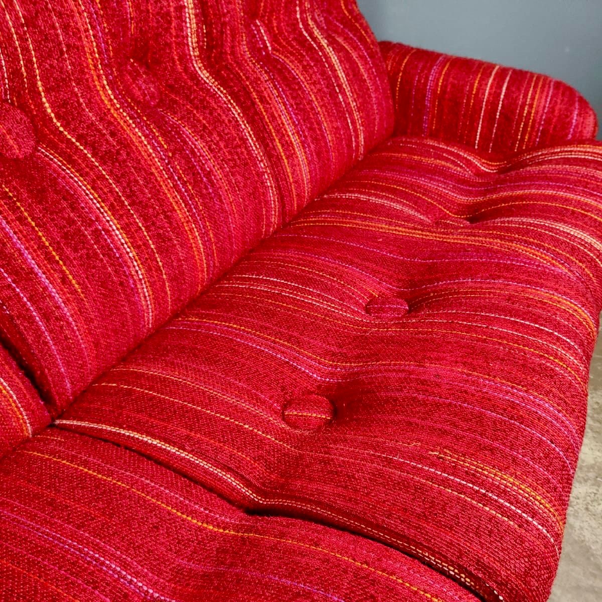 SOLD Mid Century Red Three Seater Sofa Striped Wool Fabric Vintage Retro MCM