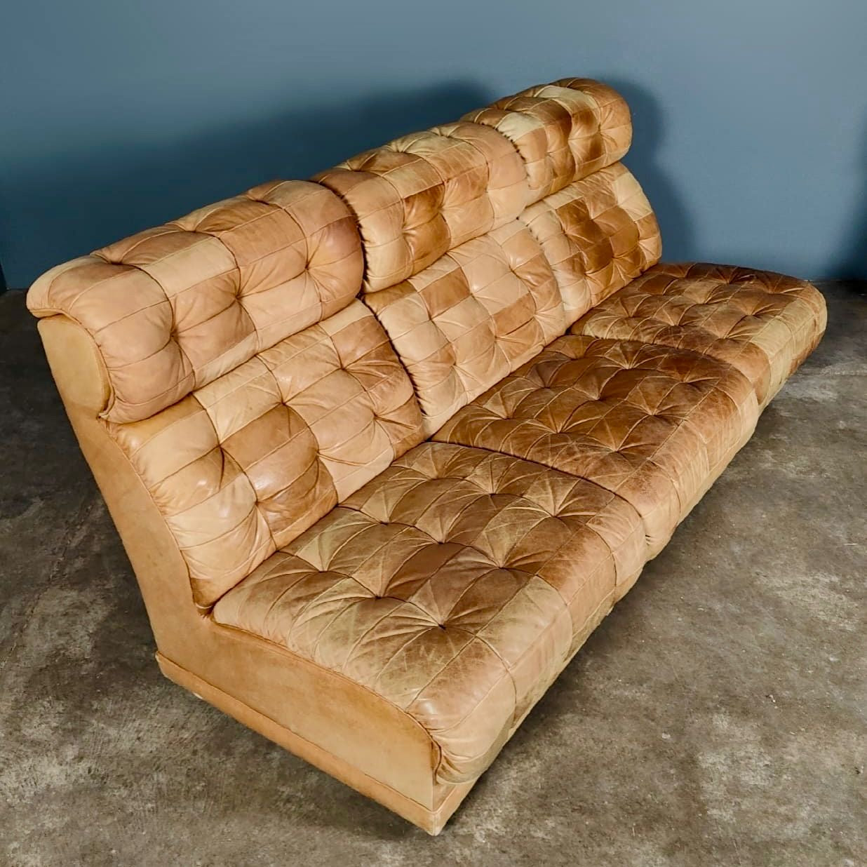 Three Light Brown Tan Leather Patchwork Modular Sofa/Chairs De Sede Style Mid Century Vintage Retro MCM