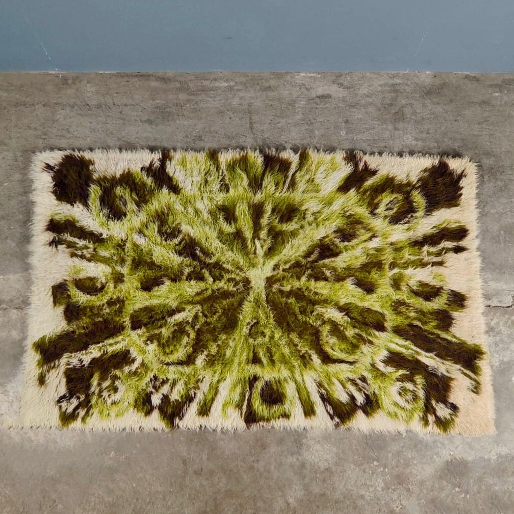 SOLD Mid Century Retro Large Green White Cream Brown Rug Vintage Wool MCM