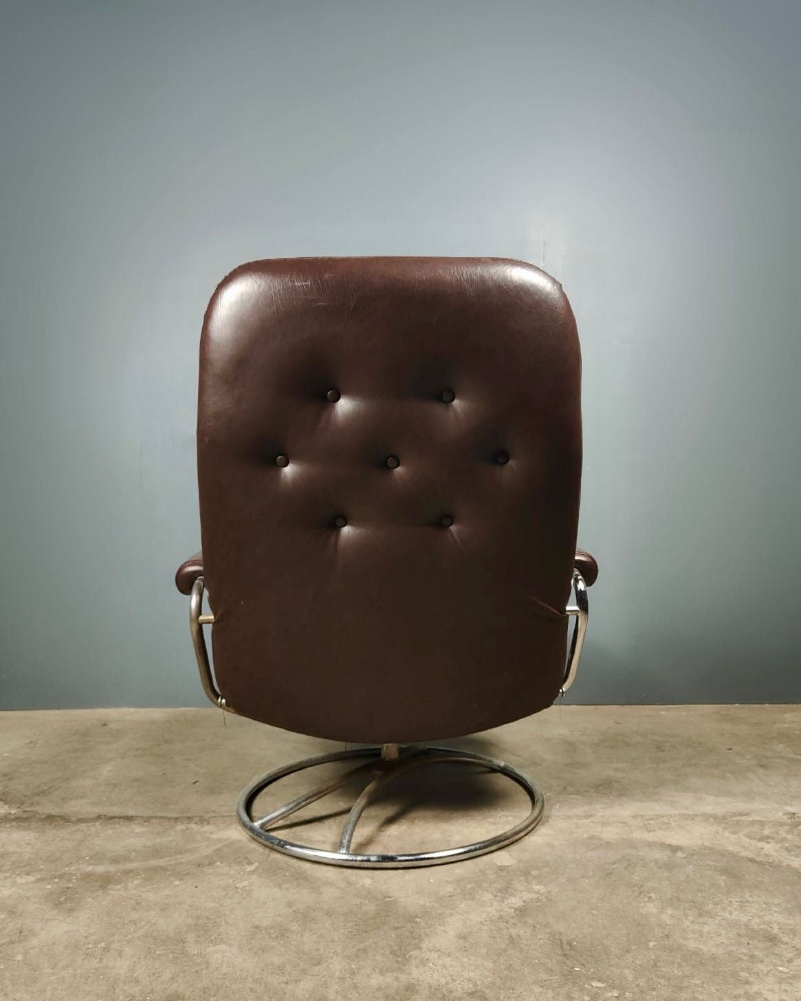 SOLD Mid Century Brown Leather Chrome Ekornes Stressless Armchair & Footstool Vintage Retro MCM