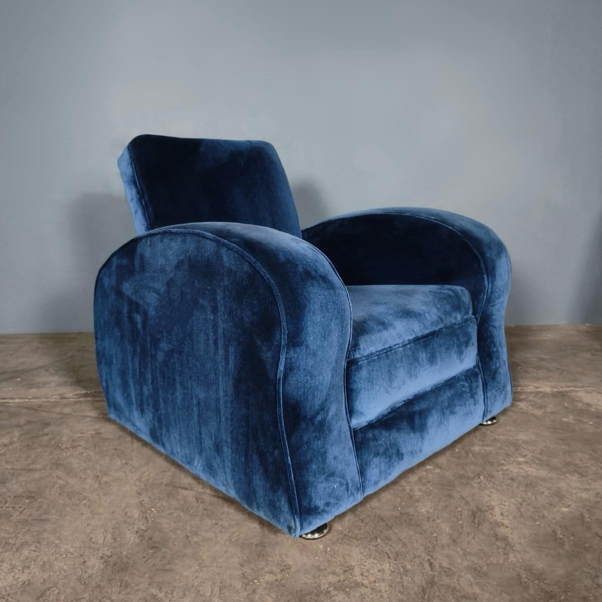 SOLD Blue Velvet Art Deco Armchair Mid Century Vintage Retro MCM