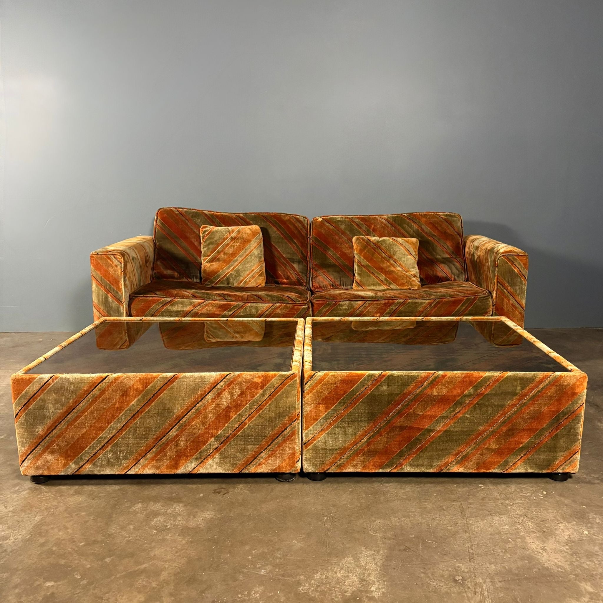 Mid Century Everest Orange Striped Geometric Lounge Suite - Three Seater Sofa, Armchairs & Coffee Tables Vintage Retro MCM