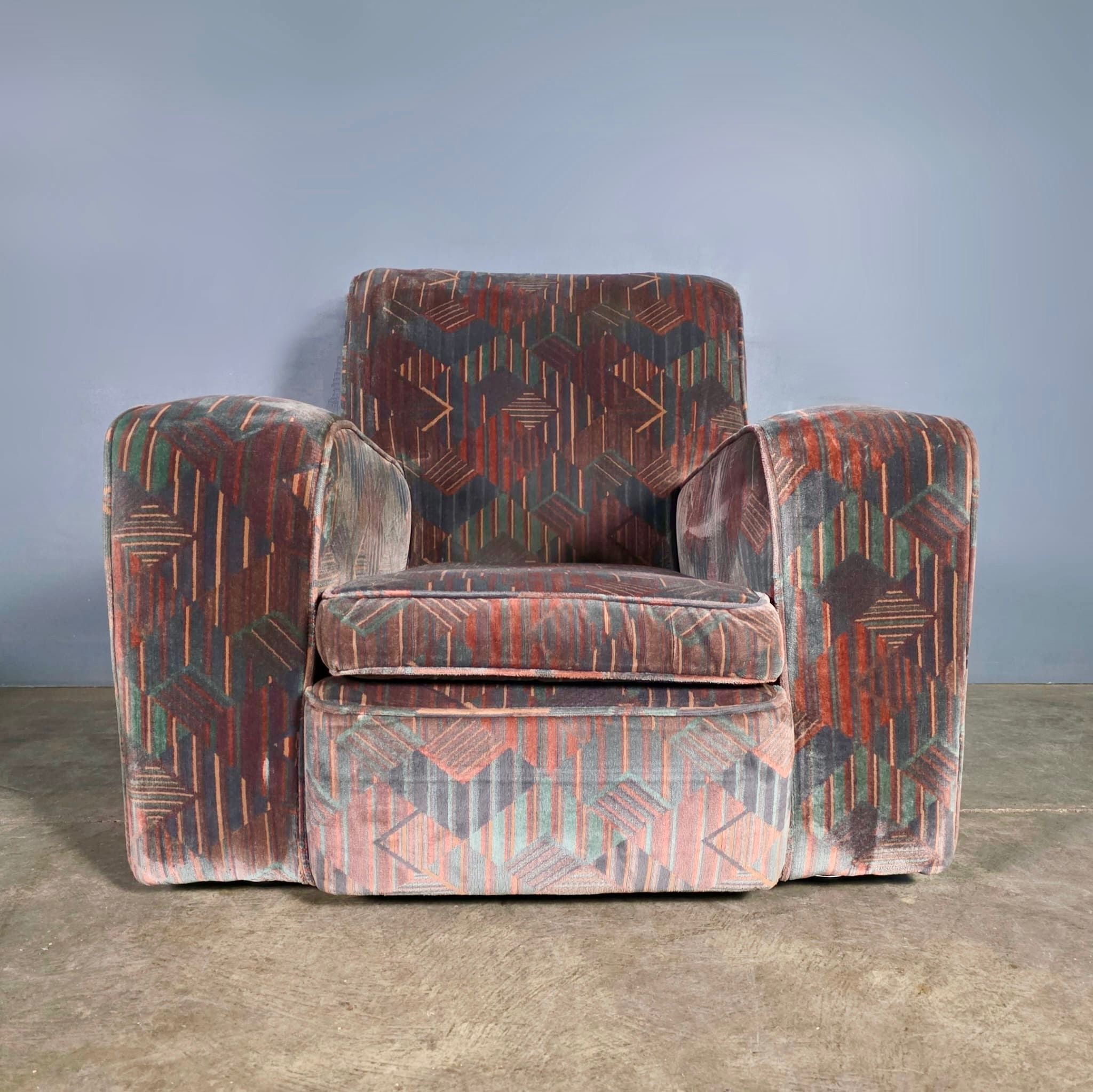 SOLD Art Deco Geometric Patterned Armchair Mid Century Vintage Retro MCM