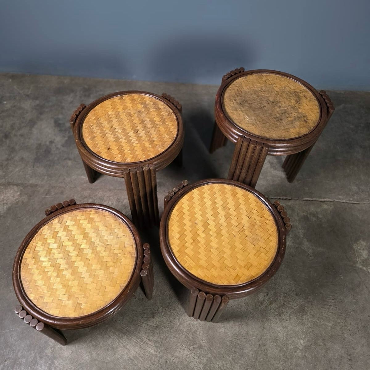 SOLD Set Of Graduating Bamboo Cane Rattan Stacking Tables Mid Century Vintage Retro MCM