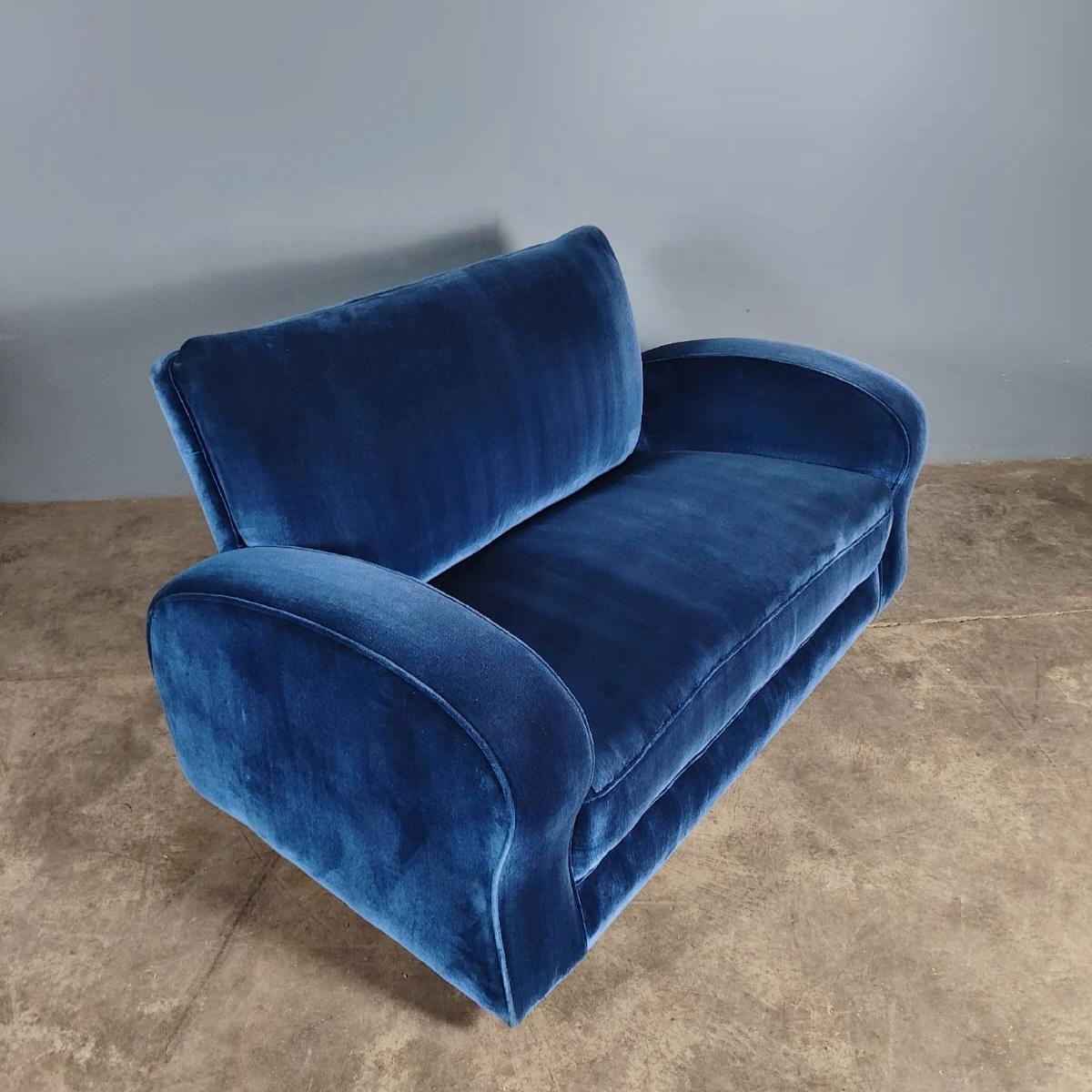 SOLD Blue Velvet Art Deco Two Seater Sofa Mid Century Vintage Retro MCM