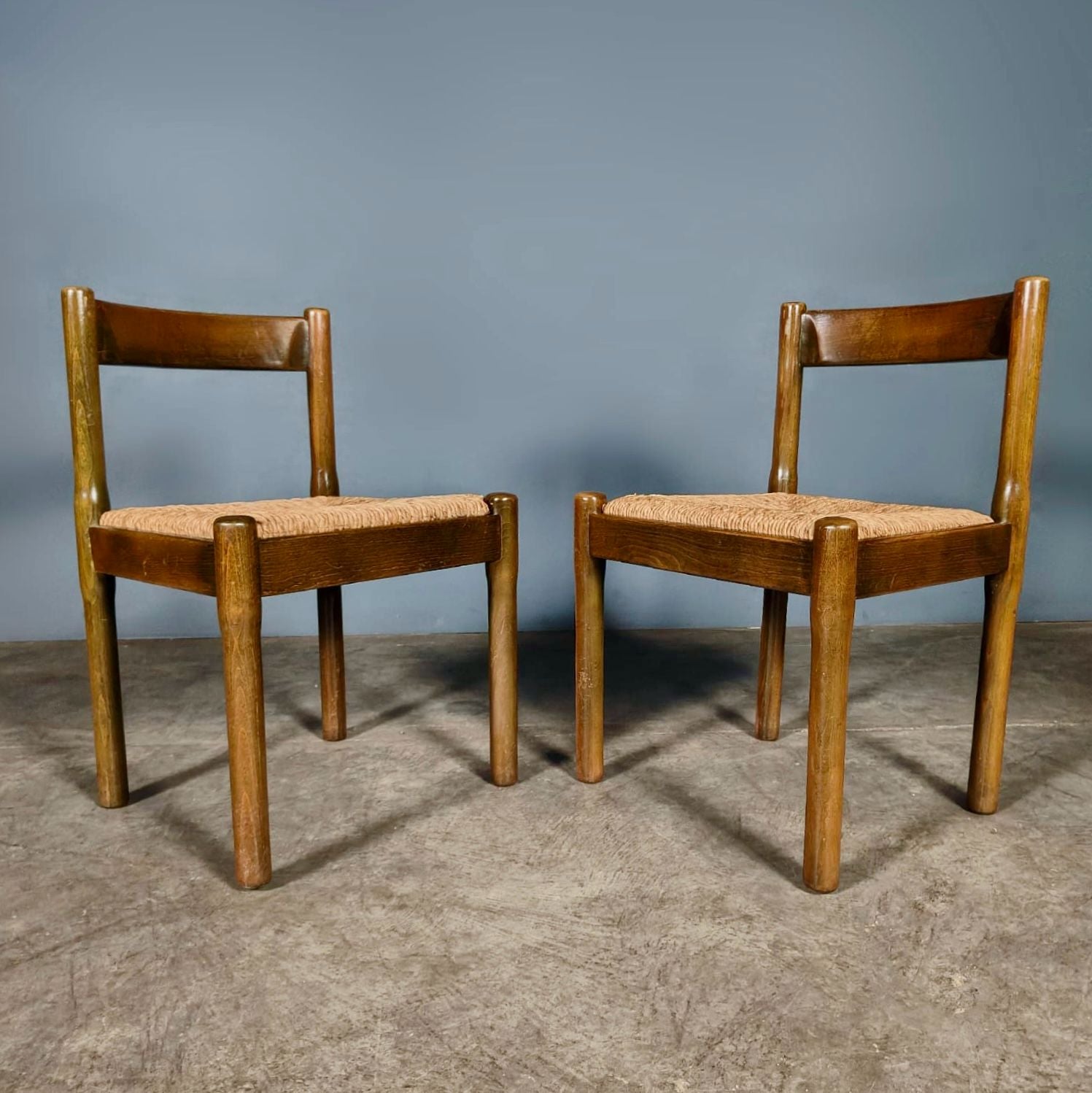 SOLD Pair Of Carimate Brown Rush & Beech Dining Chairs By Vico Magistretti For Cassina Mid Century Vintage Retro MCM