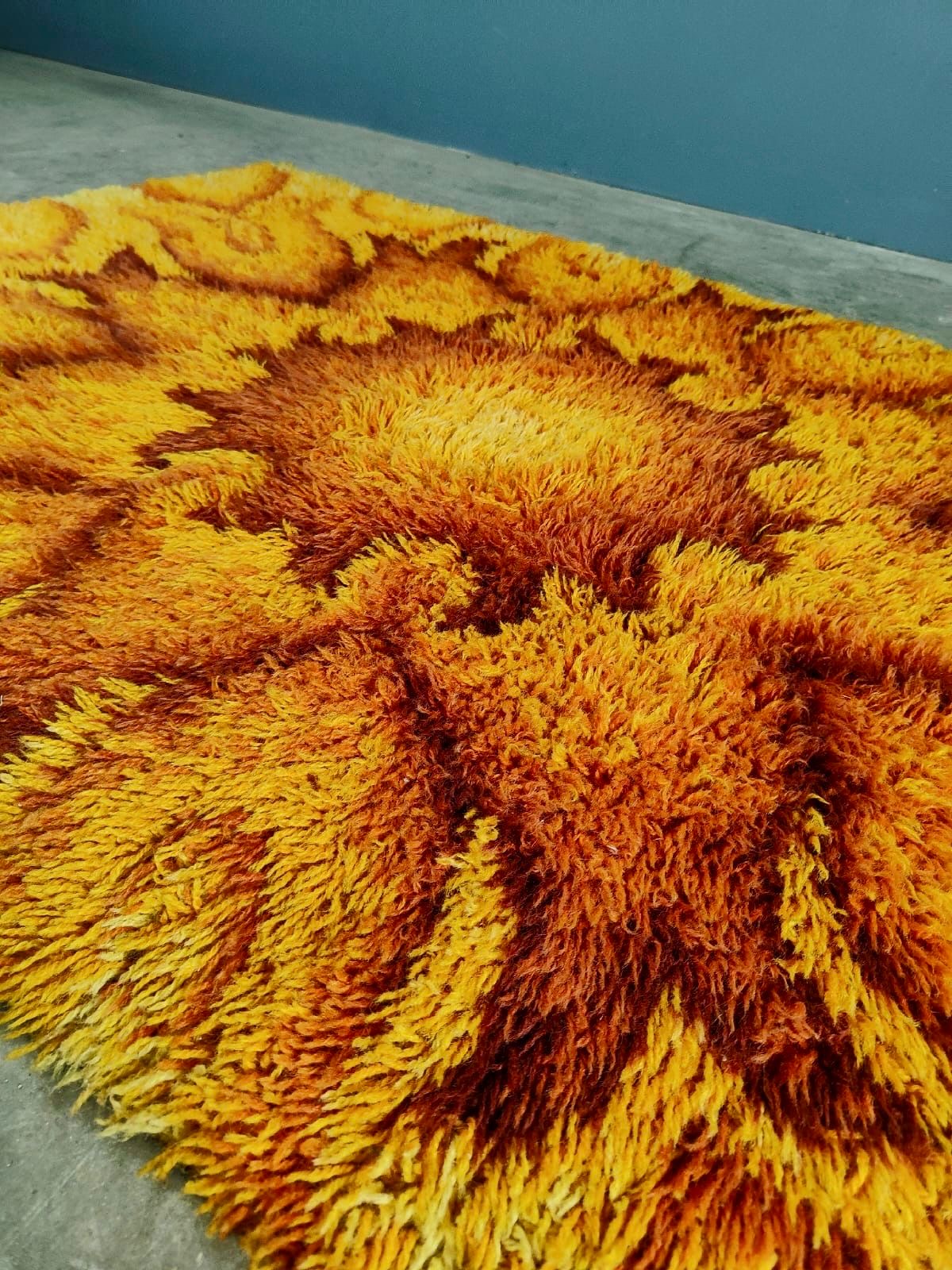 SOLD Mid Century Retro Large Yellow Orange Brown Rug Norwegian Vintage Wool MCM