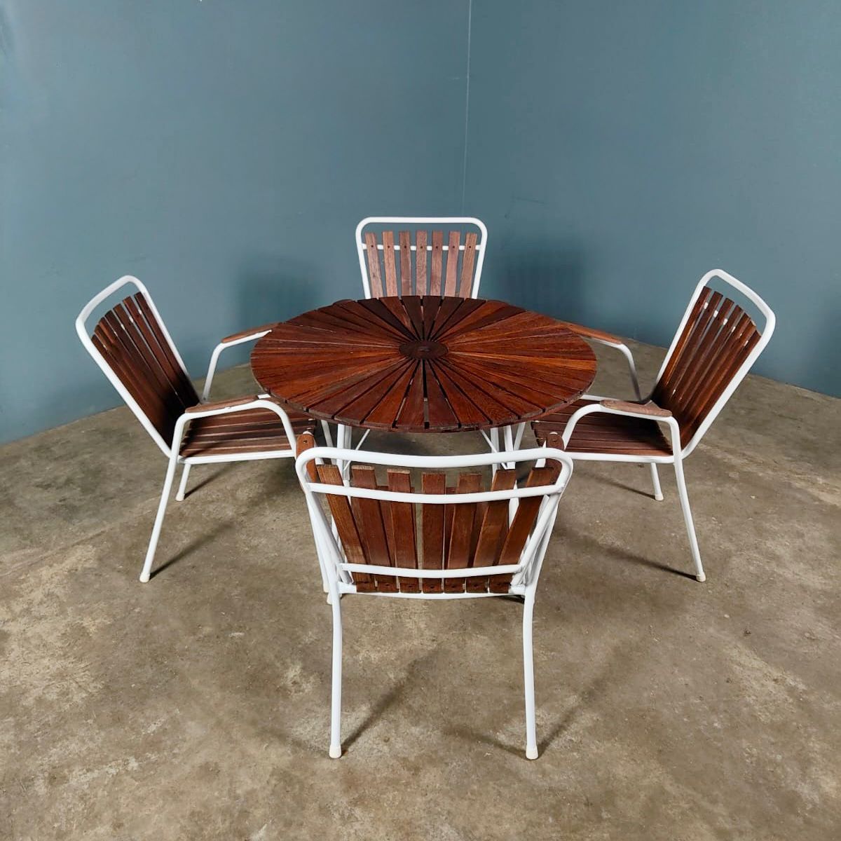 SOLD Four Daneline BKS Garden Stacking Chairs & Folding Sunburst Table Danish Teak Mid Century Vintage Retro MCM