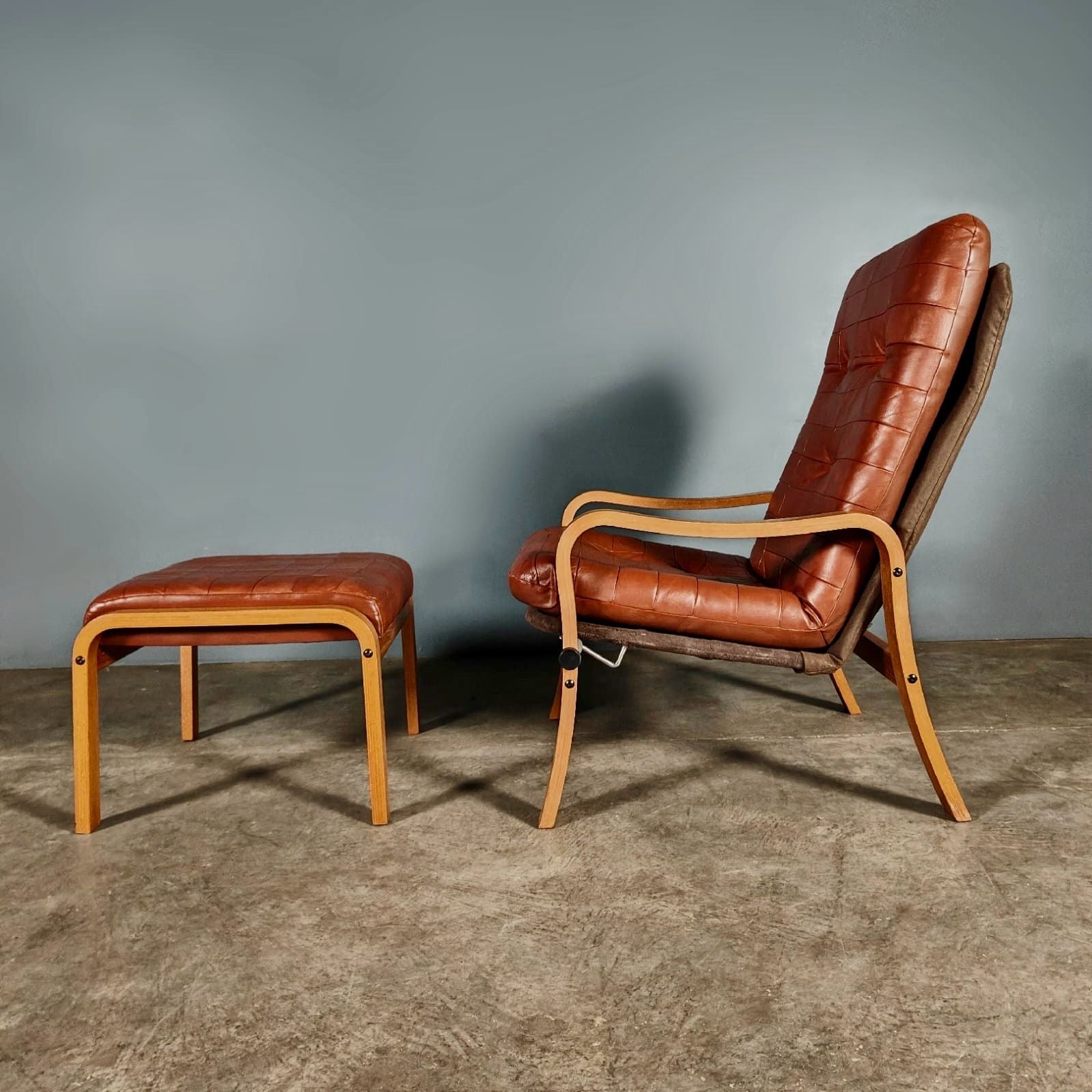 Leather Patchwork Armchair & Footstool Mid Century Vintage Retro MCM