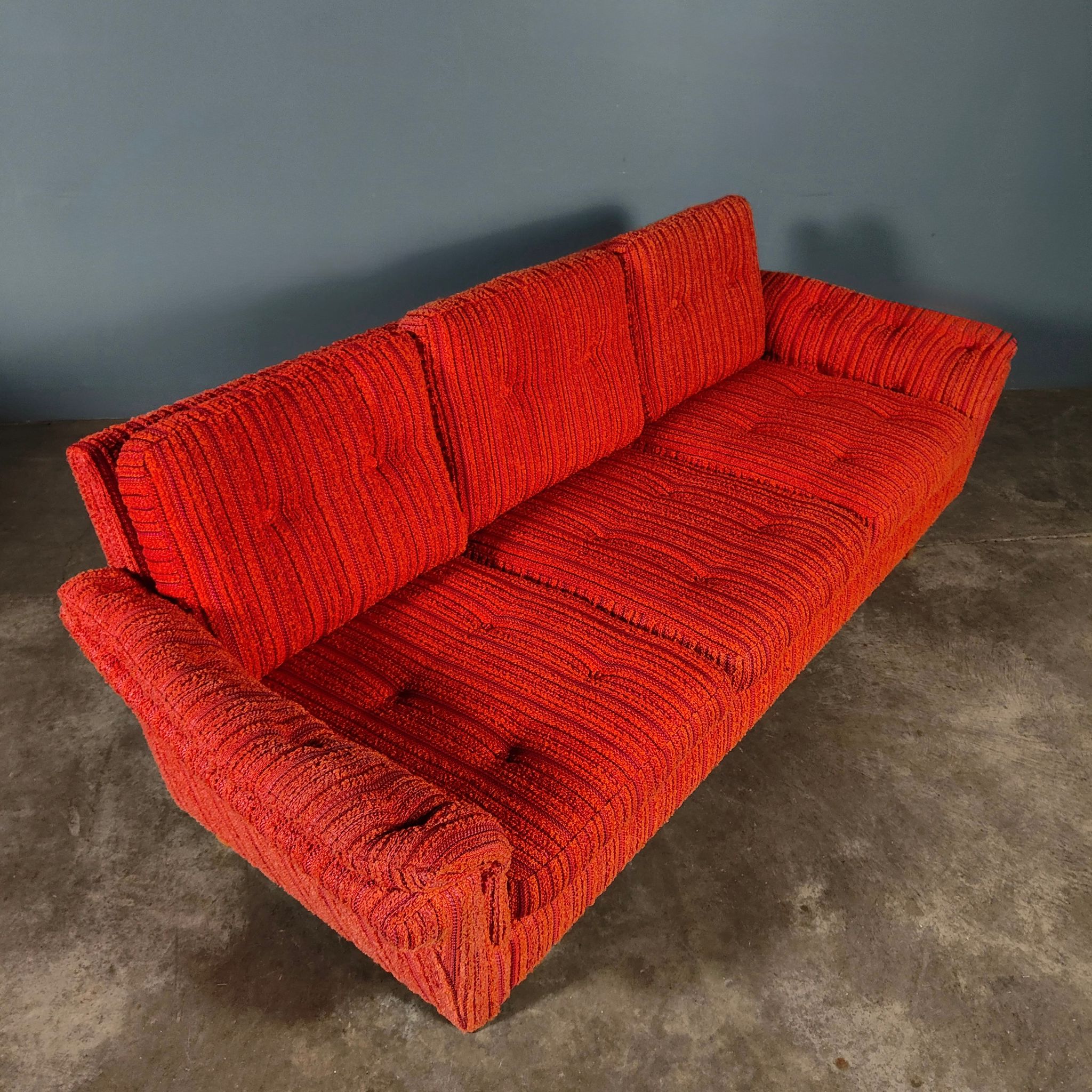 SOLD Orange Wool Swedish Three Seater Sofa Mid Century Vintage Retro MCM