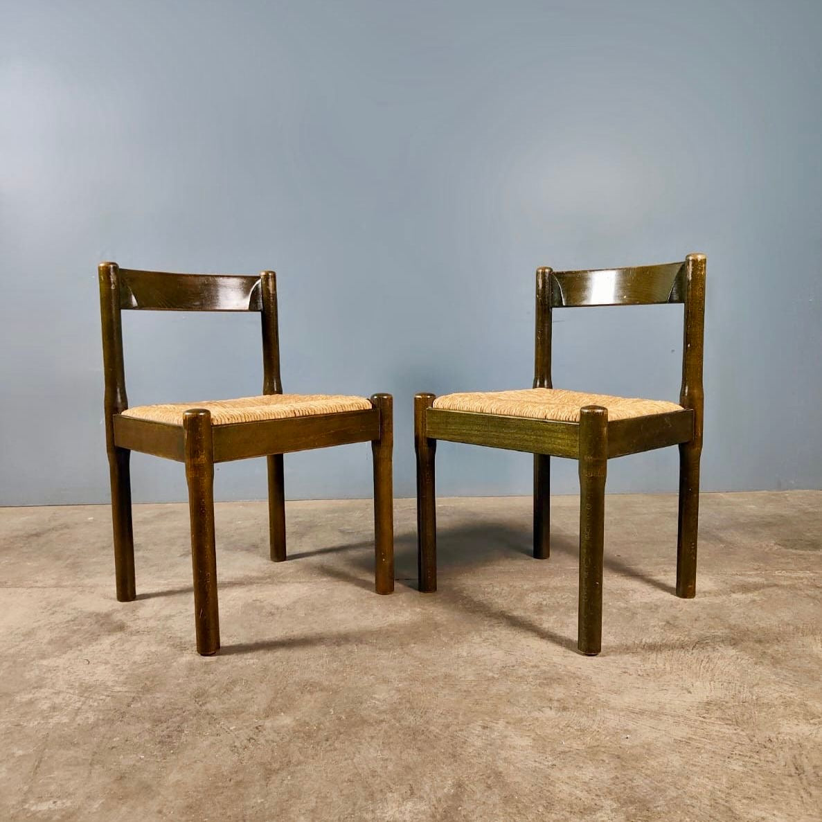 SOLD Pair Of Carimate Green Rush & Beech Dining Chairs By Vico Magistretti For Cassina Mid Century Vintage Retro MCM