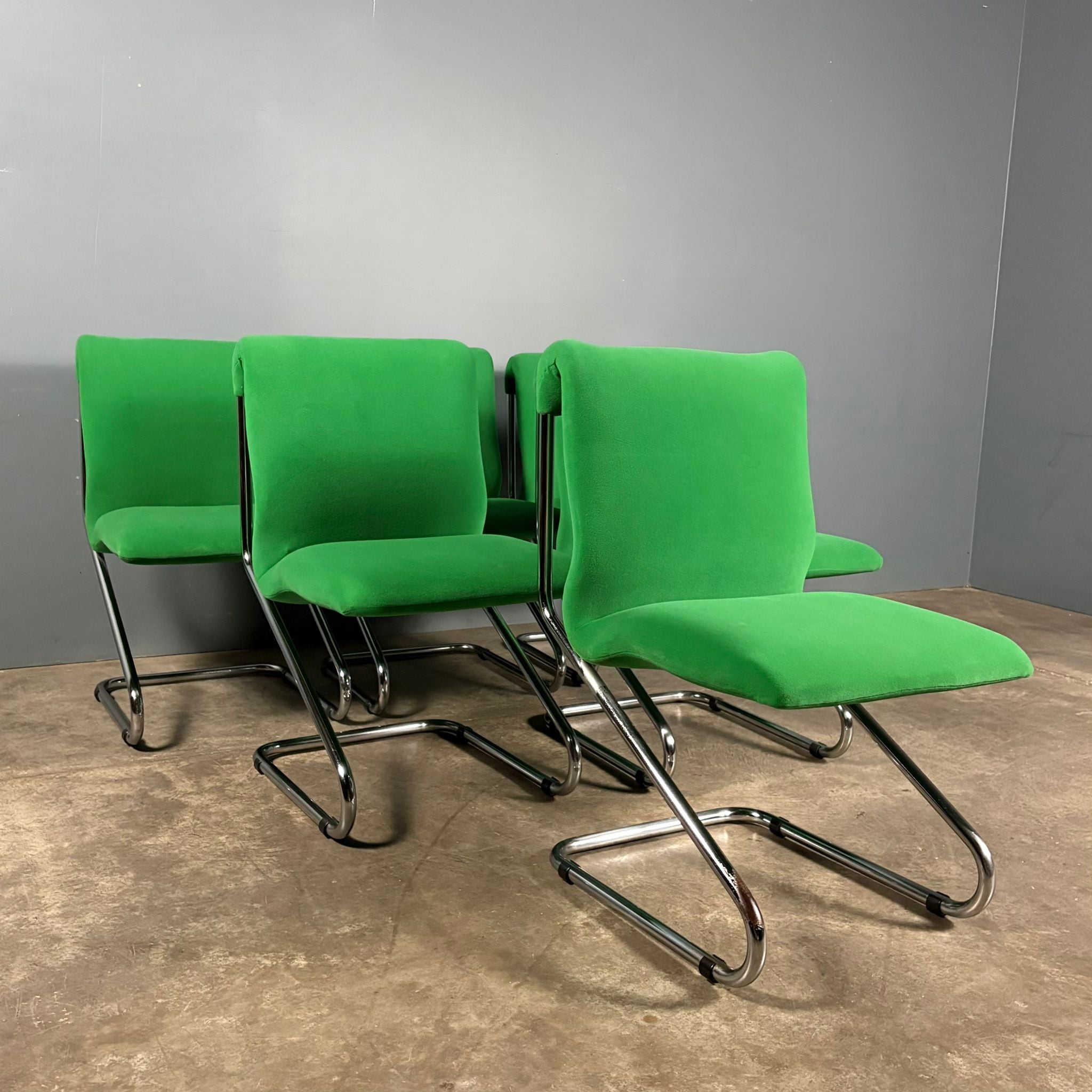 Six Green Italian Pace Chrome Dining Chairs & Glass Dining Table Mid Century Vintage Retro MCM