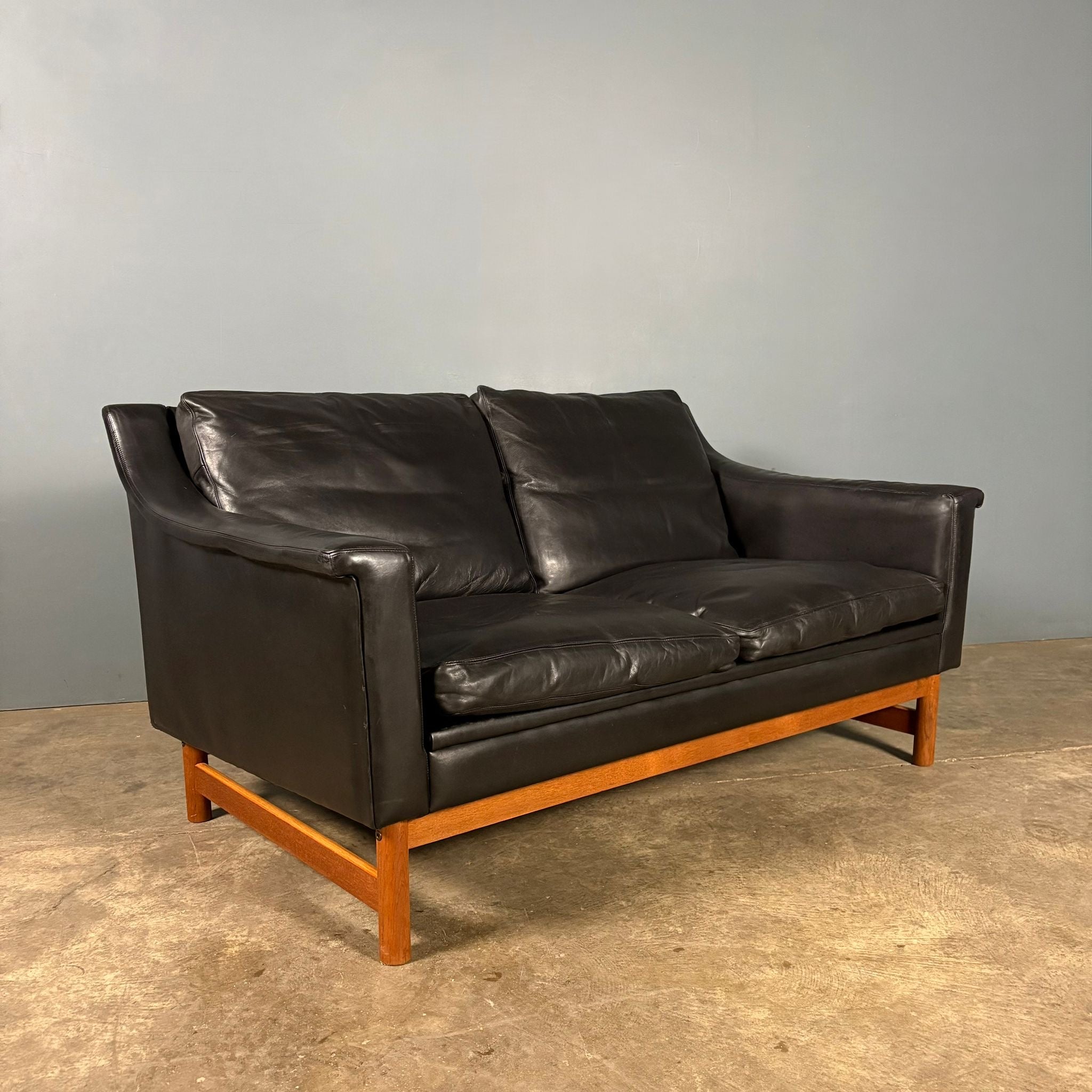 SOLD Mid Century Black Leather Åke Fribyter Swedish Two Seater Sofa Vintage Retro MCM