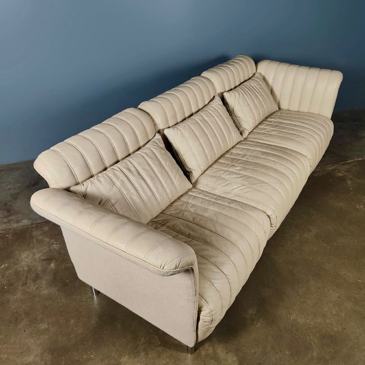 SOLD Mid Century Off White/Cream Leather Three Seater Sofa Vintage Retro MCM