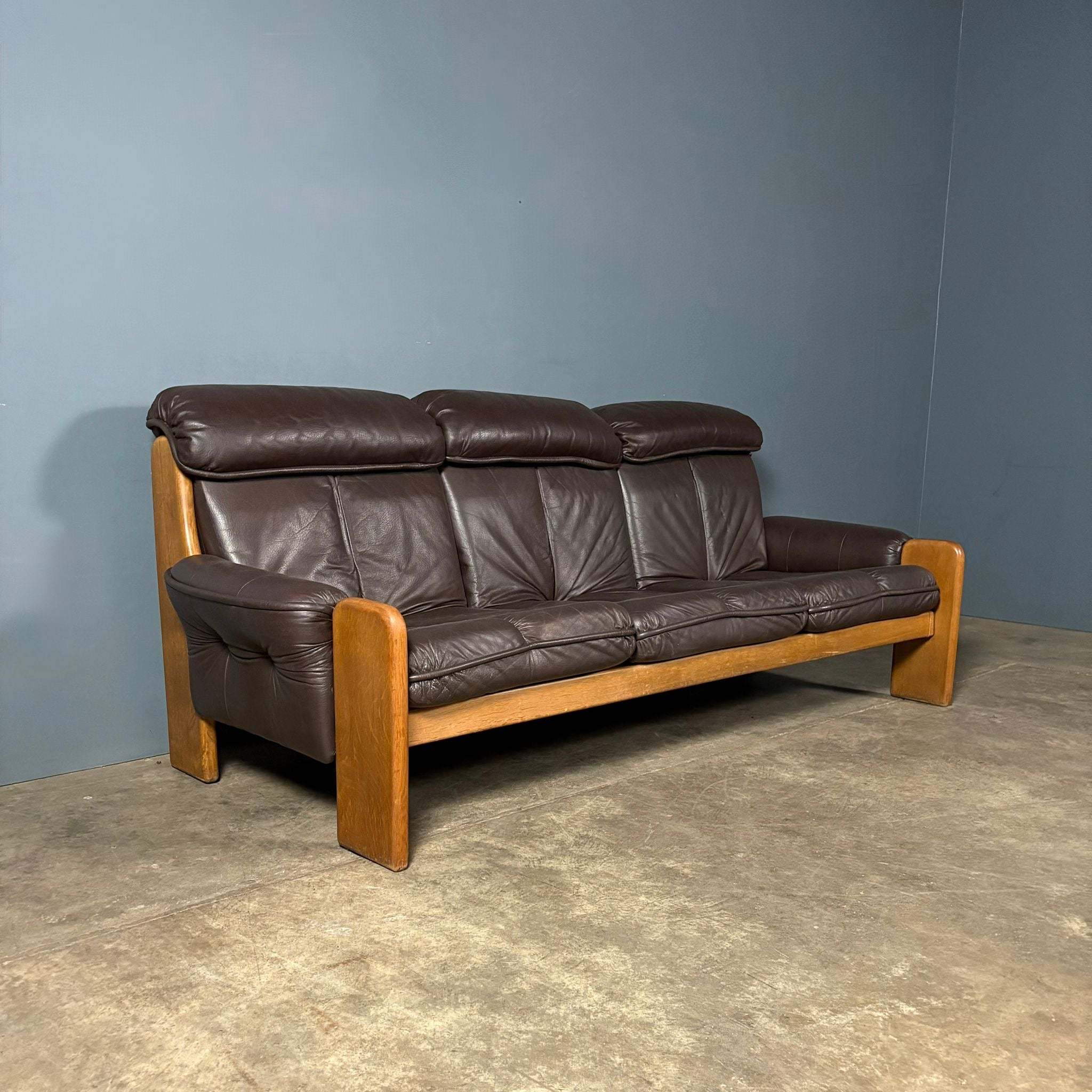 Mid Century Norwegian Brown Leather Three Seater Sofa Vintage Retro MCM