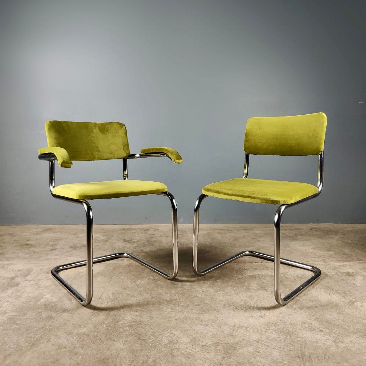 SOLD 6 x Chrome Cantilever Retro Green Velvet Dining Chairs Mid Century Vintage MCM