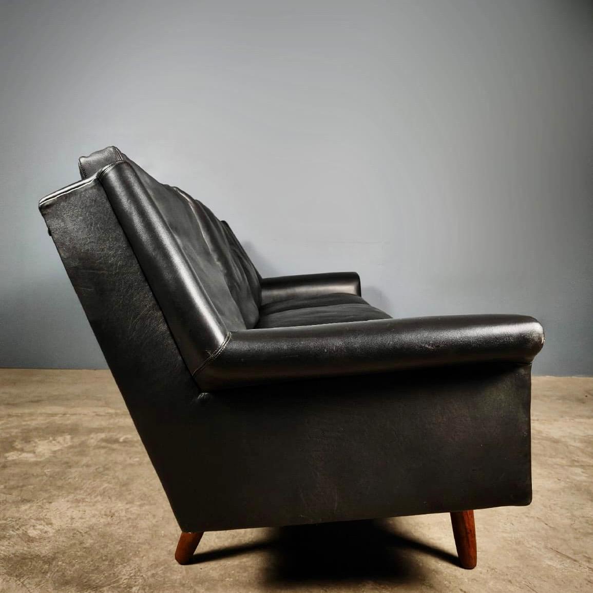 SOLD Mid Century Danish/Norwegian Three Seater Sofa Black Leather Vintage Retro MCM