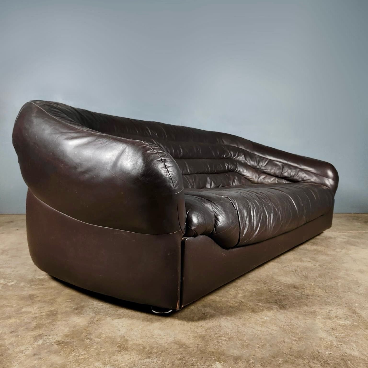 SOLD Brown Leather Three Seater Sofa De Sede Style Mid Century Vintage Retro MCM