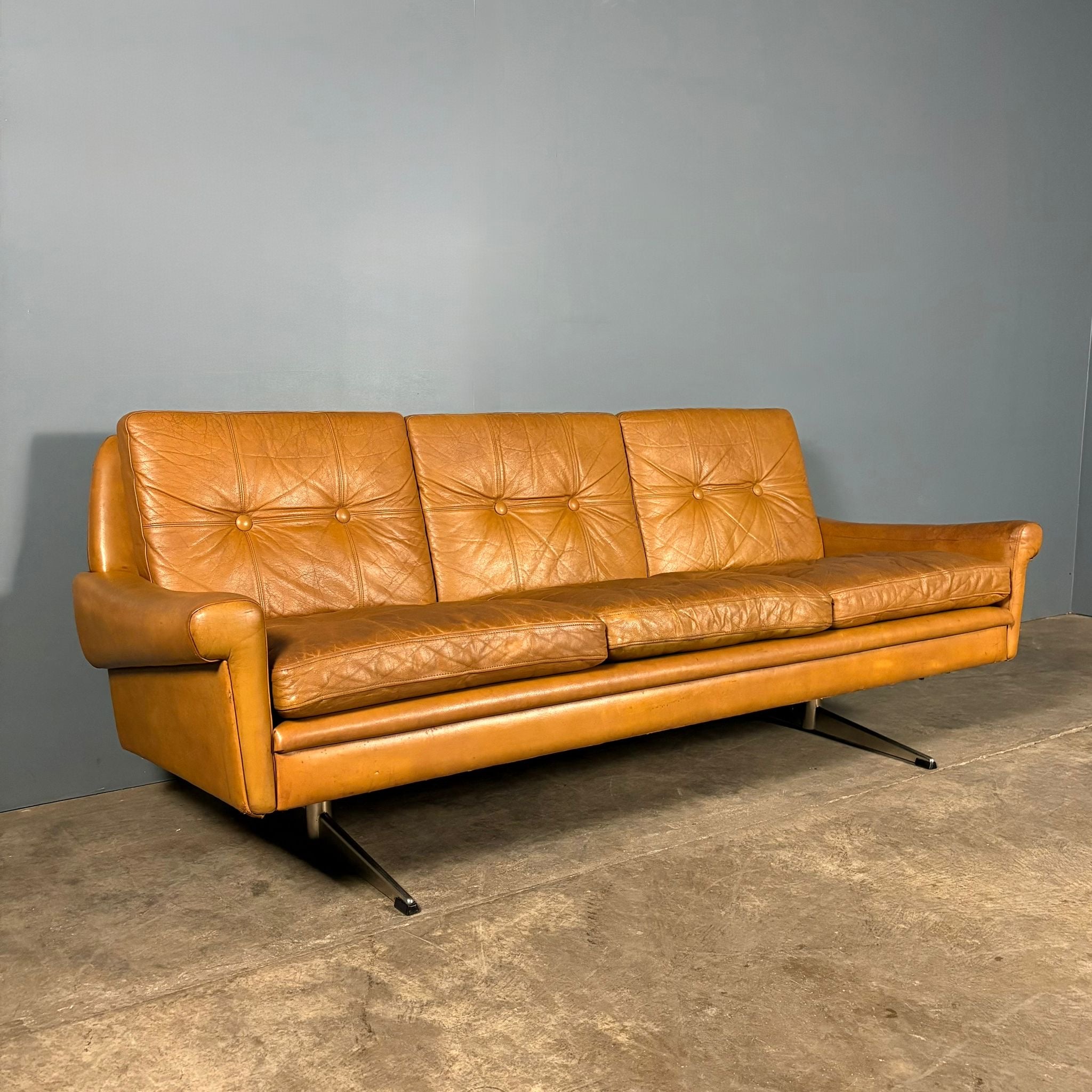 SOLD Mid Century Danish Svend Skipper Three Seater Sofa Cognac Leather Vintage Retro MCM