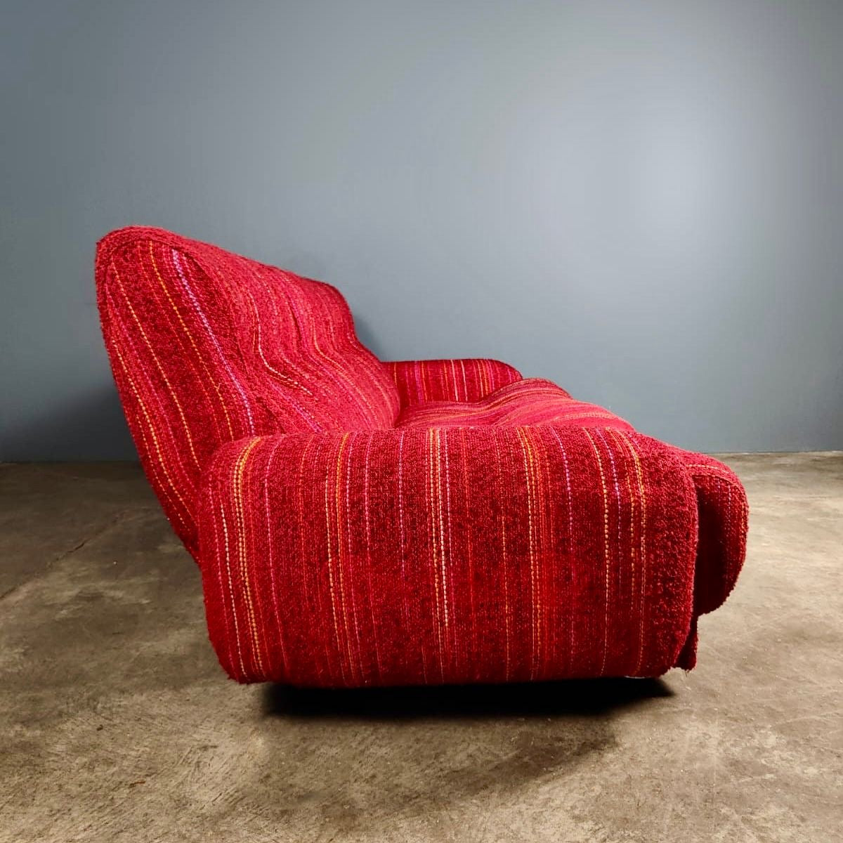 SOLD Mid Century Red Three Seater Sofa Striped Wool Fabric Vintage Retro MCM