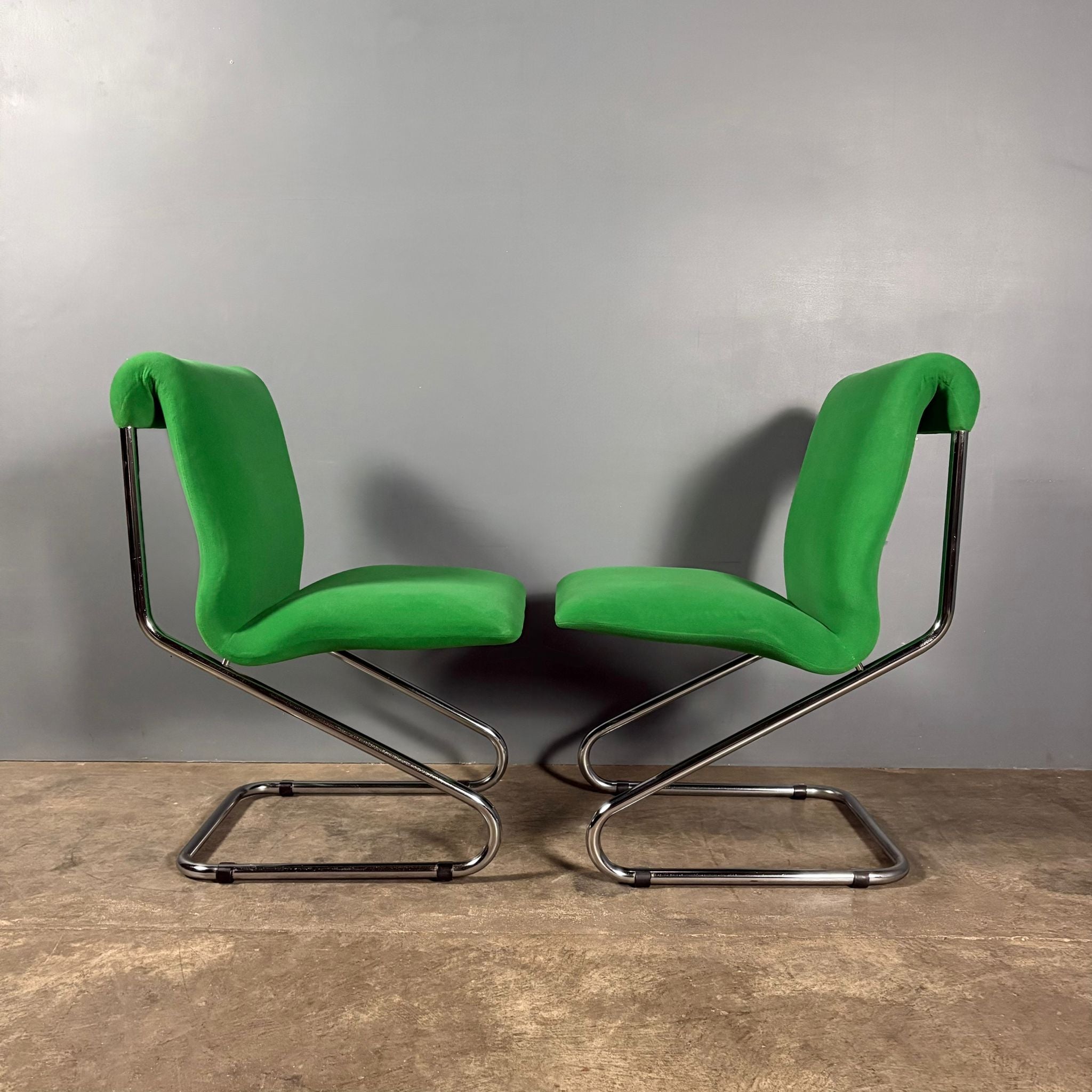 Six Green Italian Pace Chrome Dining Chairs & Glass Dining Table Mid Century Vintage Retro MCM