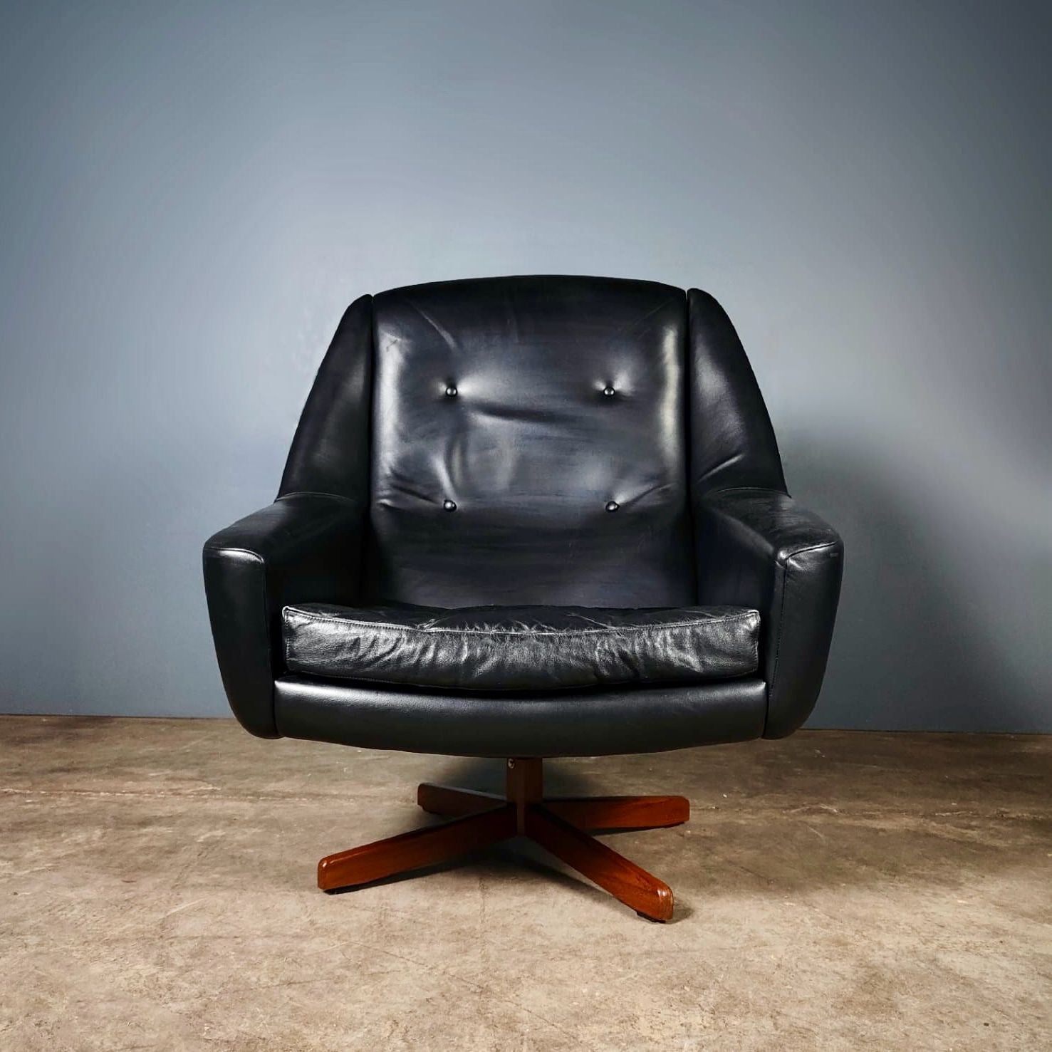 SOLD Black Leather Swivel Armchair Mid Century Vintage Retro MCM