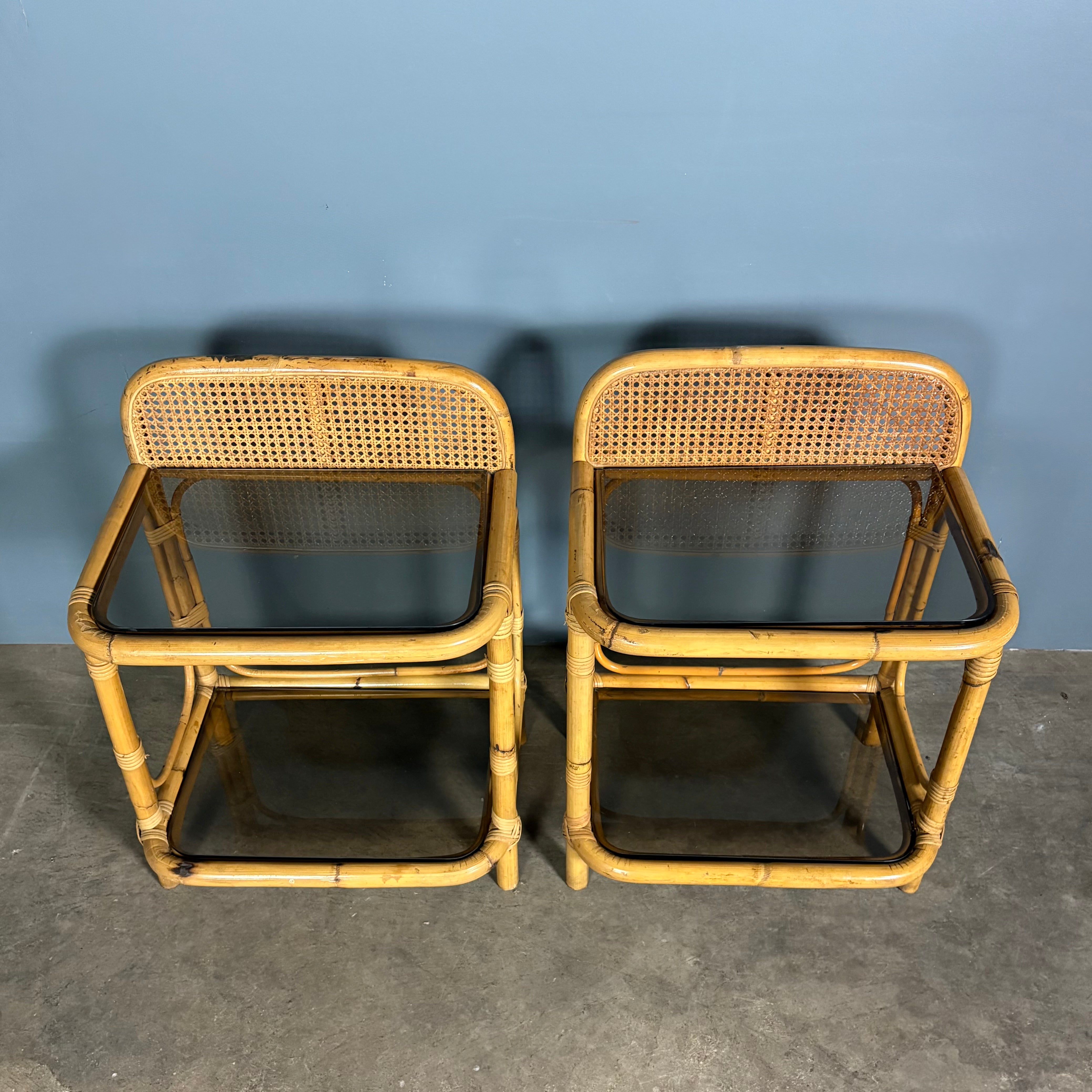 Pair Of Cane Rattan Bamboo Bedside Tables Mid Century Vintage Retro MCM