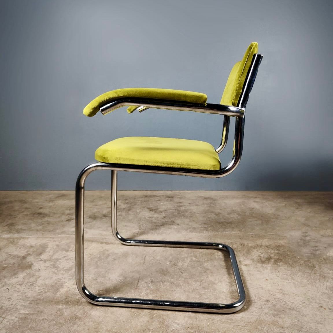 SOLD 6 x Chrome Cantilever Retro Green Velvet Dining Chairs Mid Century Vintage MCM