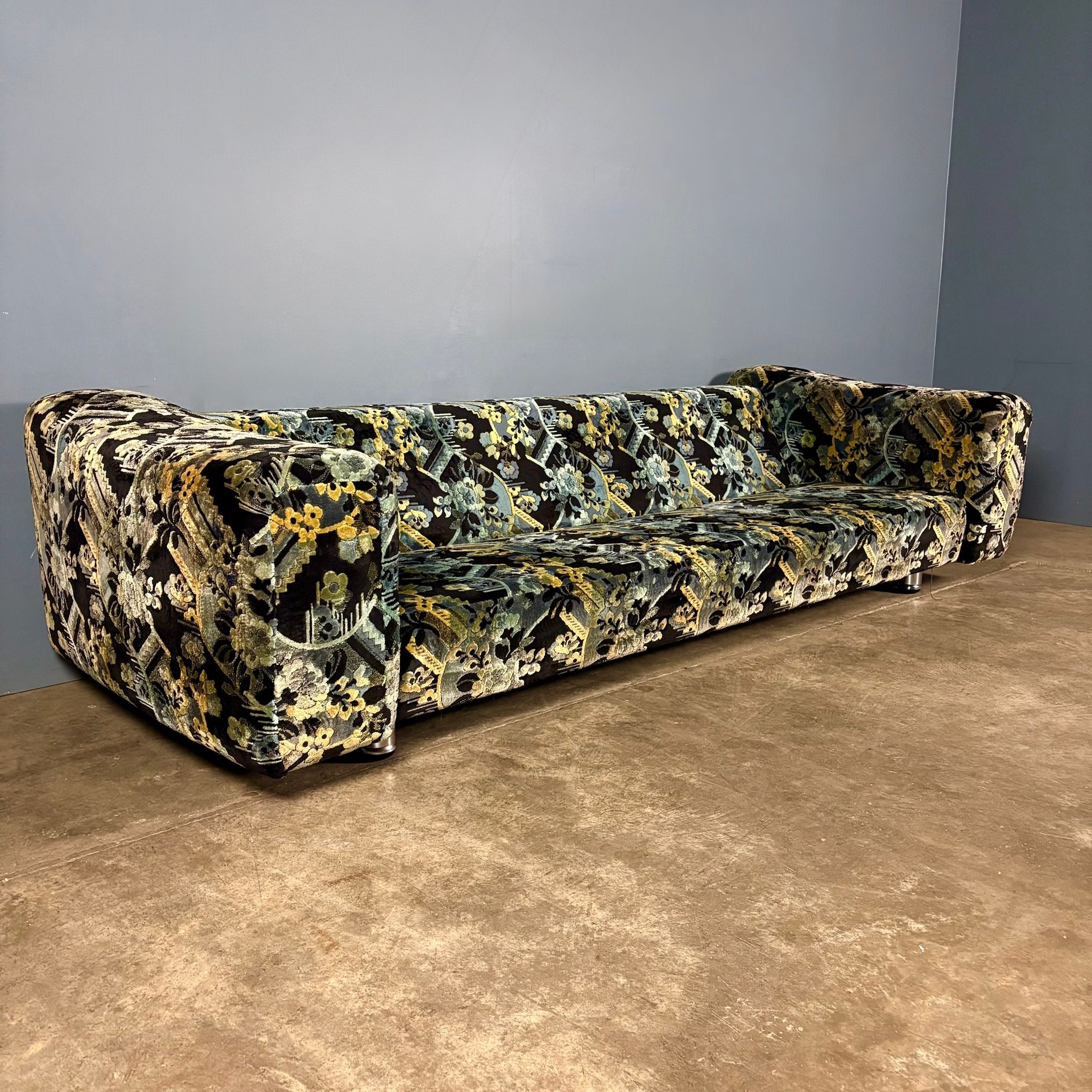Mid Century Geometric Patterned Fabric Three Seater Sofa & Footstool Vintage Retro MCM