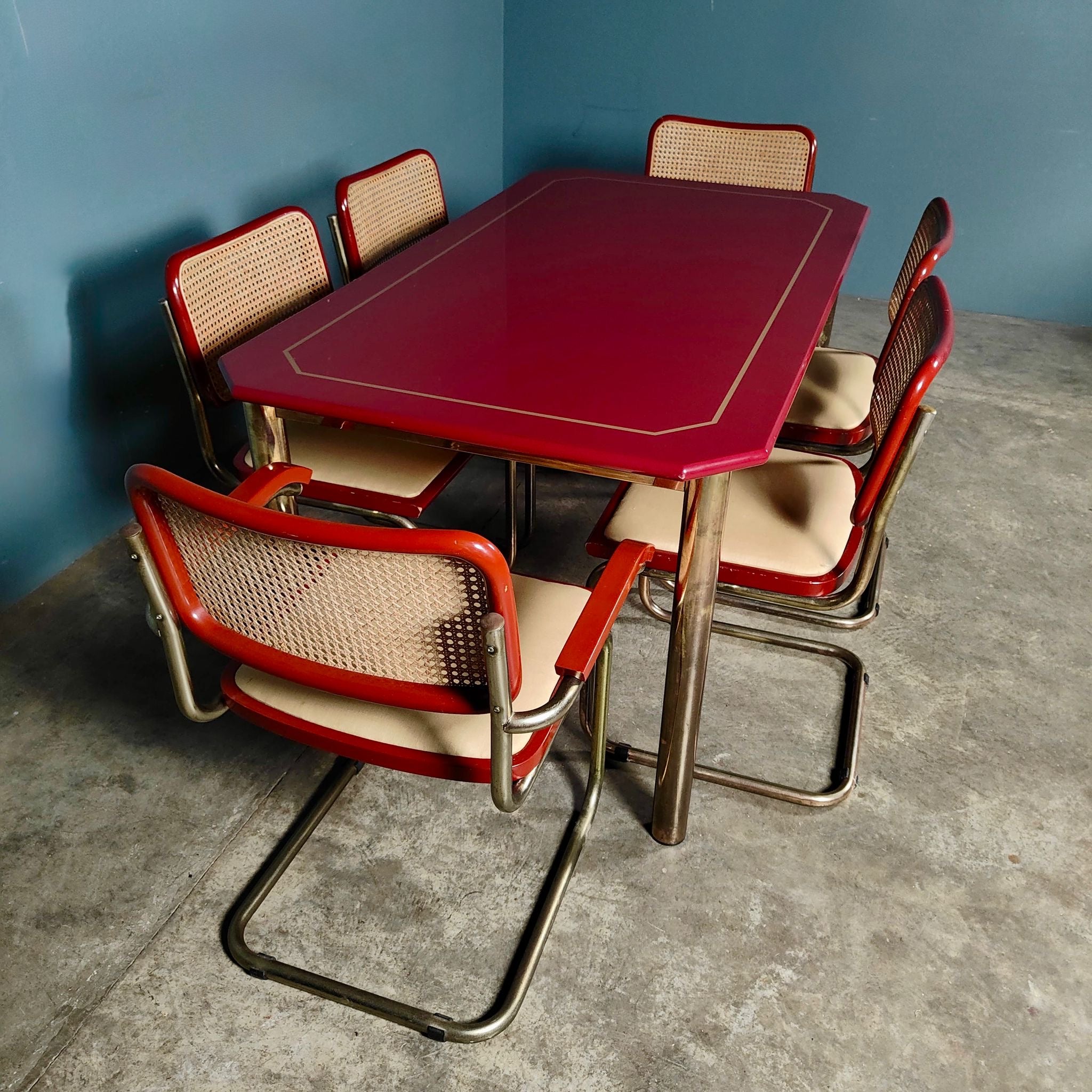 SOLD Six Red Marcel Breuer Cesca Dining Chairs & Matching Table Mid Century Vintage Retro MCM
