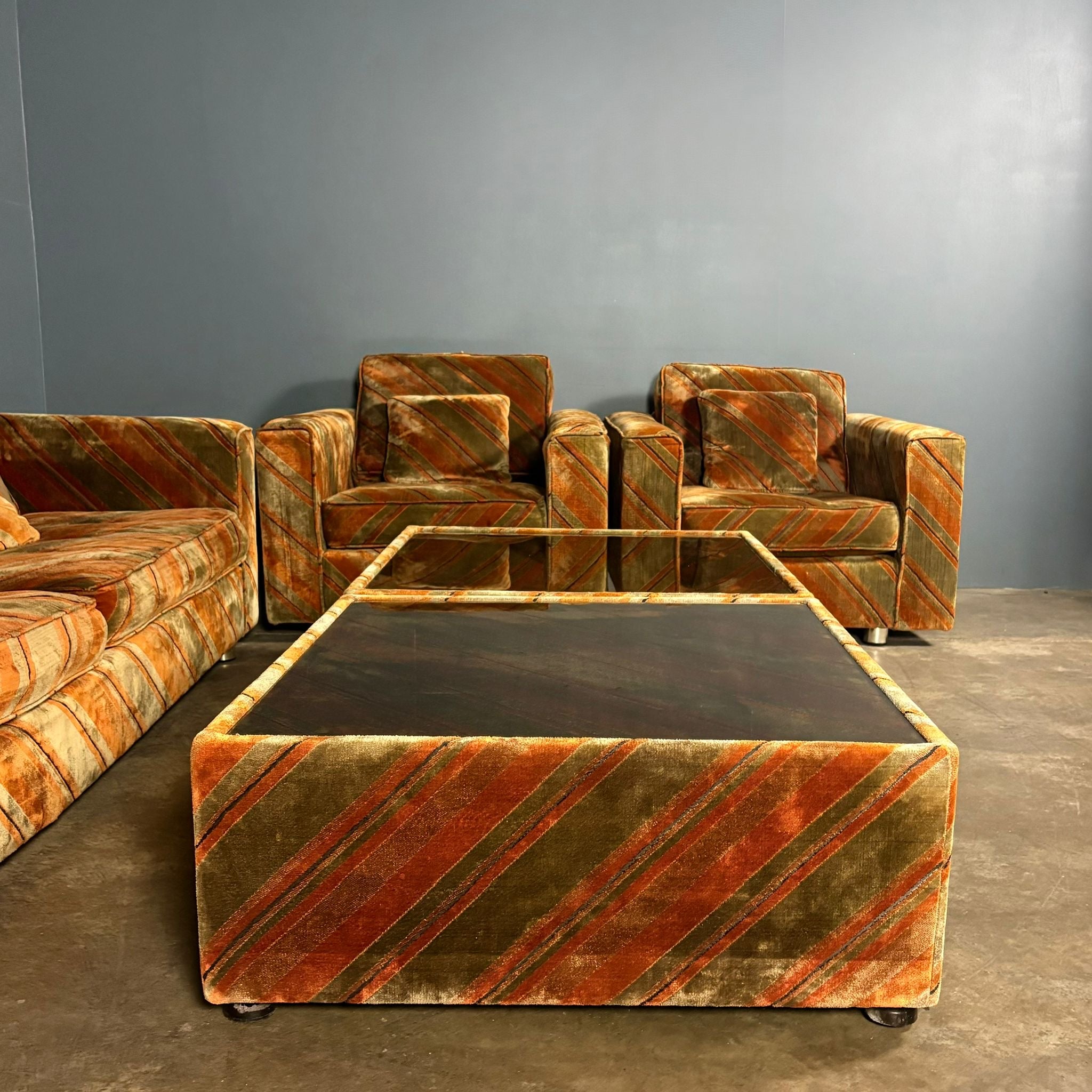 Mid Century Everest Orange Striped Geometric Lounge Suite - Three Seater Sofa, Armchairs & Coffee Tables Vintage Retro MCM