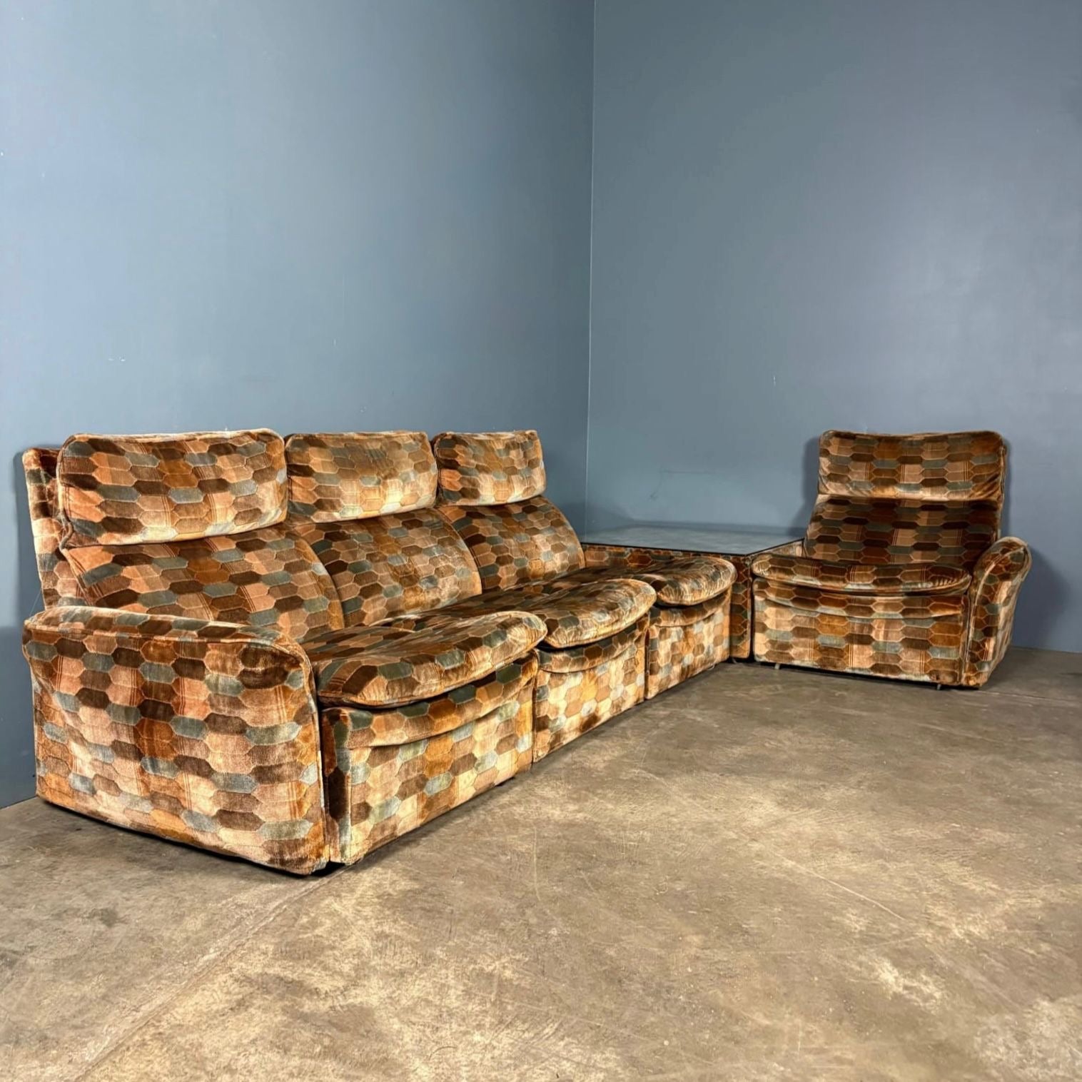 Mid Century Everest Modular Lounge Suite Brown Blue Hexagonal Geometric Vintage Retro MCM