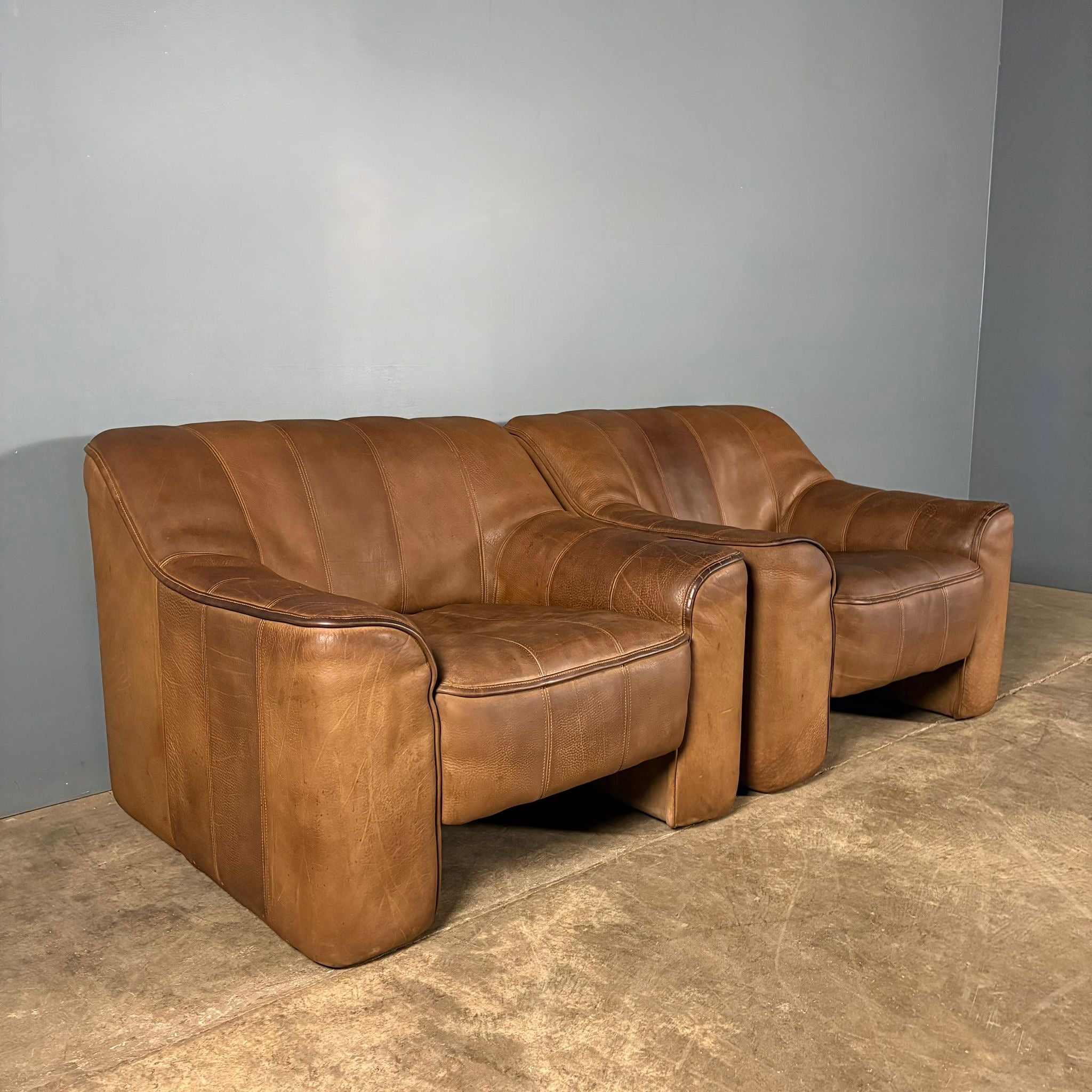 Pair Of De Sede DS44 Armchairs Brown Tan Leather Mid Century Vintage Retro MCM