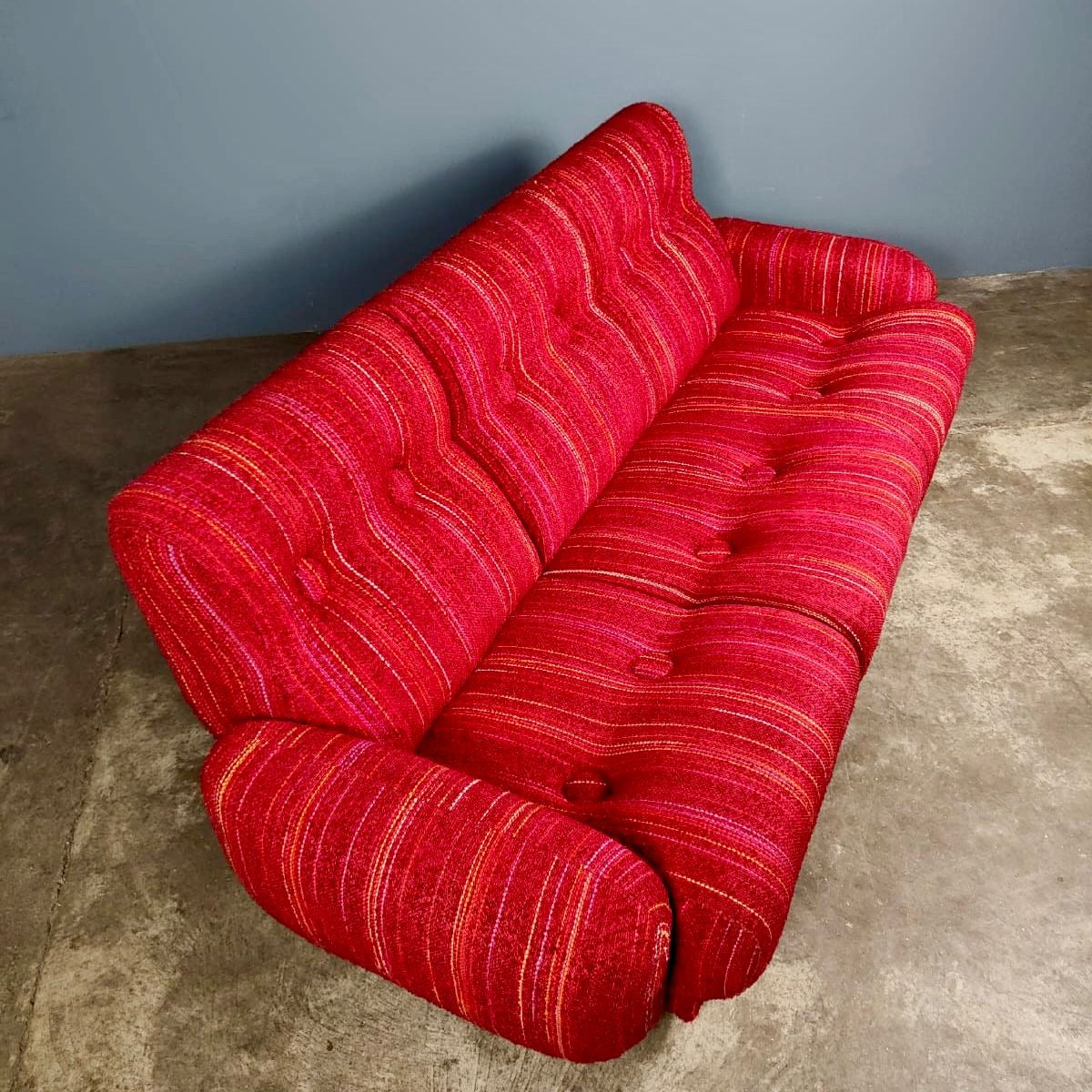 SOLD Mid Century Red Three Seater Sofa Striped Wool Fabric Vintage Retro MCM