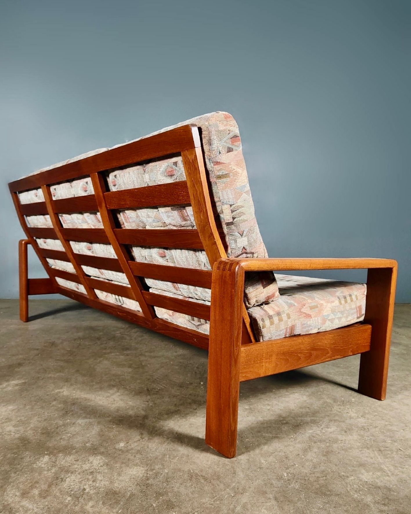 Mid Century Teak Geometric Three Seater Sofa Vintage Retro MCM