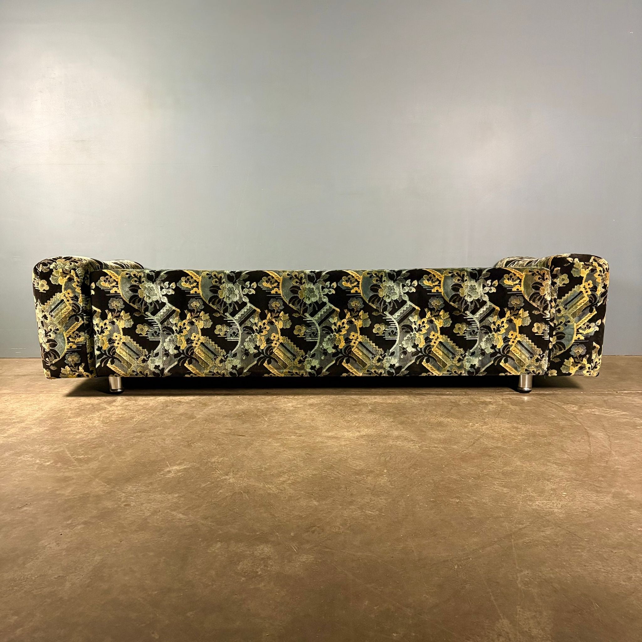 Mid Century Geometric Patterned Fabric Three Seater Sofa & Footstool Vintage Retro MCM