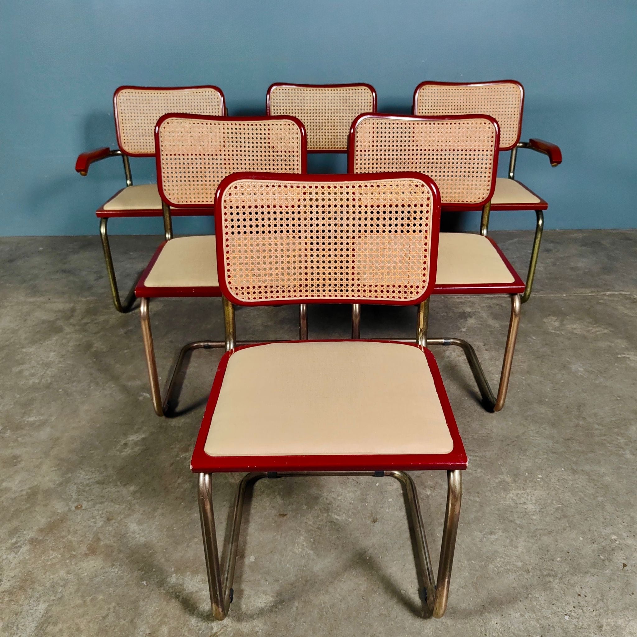 SOLD Six Red Marcel Breuer Cesca Dining Chairs & Matching Table Mid Century Vintage Retro MCM