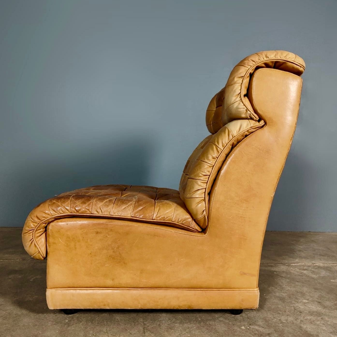 Three Light Brown Tan Leather Patchwork Modular Sofa/Chairs De Sede Style Mid Century Vintage Retro MCM