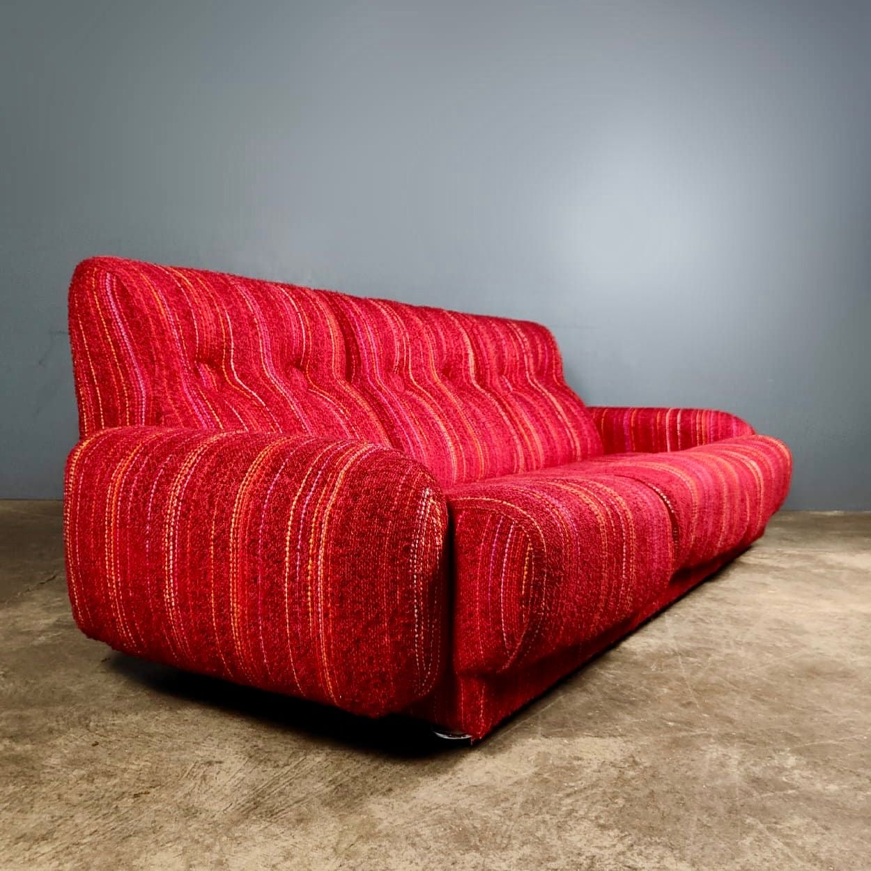 SOLD Mid Century Red Three Seater Sofa Striped Wool Fabric Vintage Retro MCM