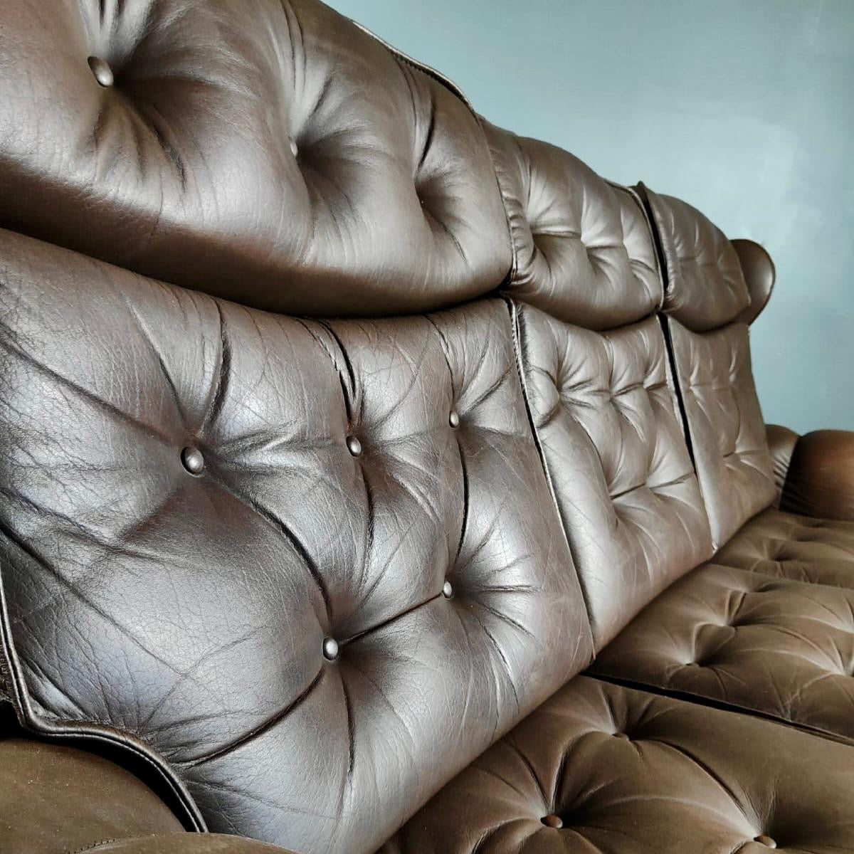 SOLD Mid Century Danish Brown Leather Three Seater Sofa Vintage Retro MCM