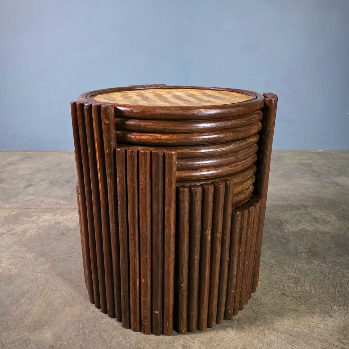 SOLD Set Of Graduating Bamboo Cane Rattan Stacking Tables Mid Century Vintage Retro MCM