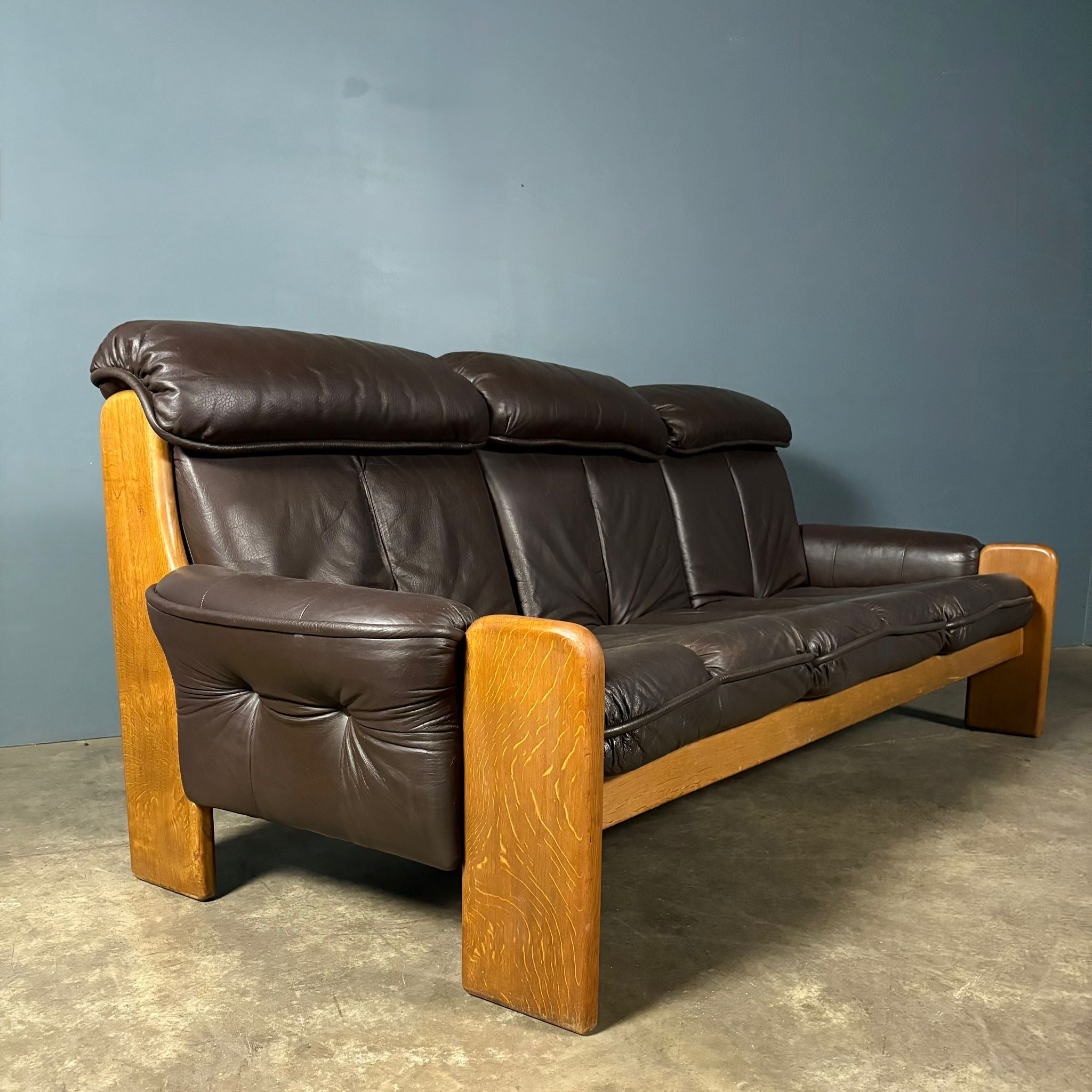 Mid Century Norwegian Brown Leather Three Seater Sofa Vintage Retro MCM