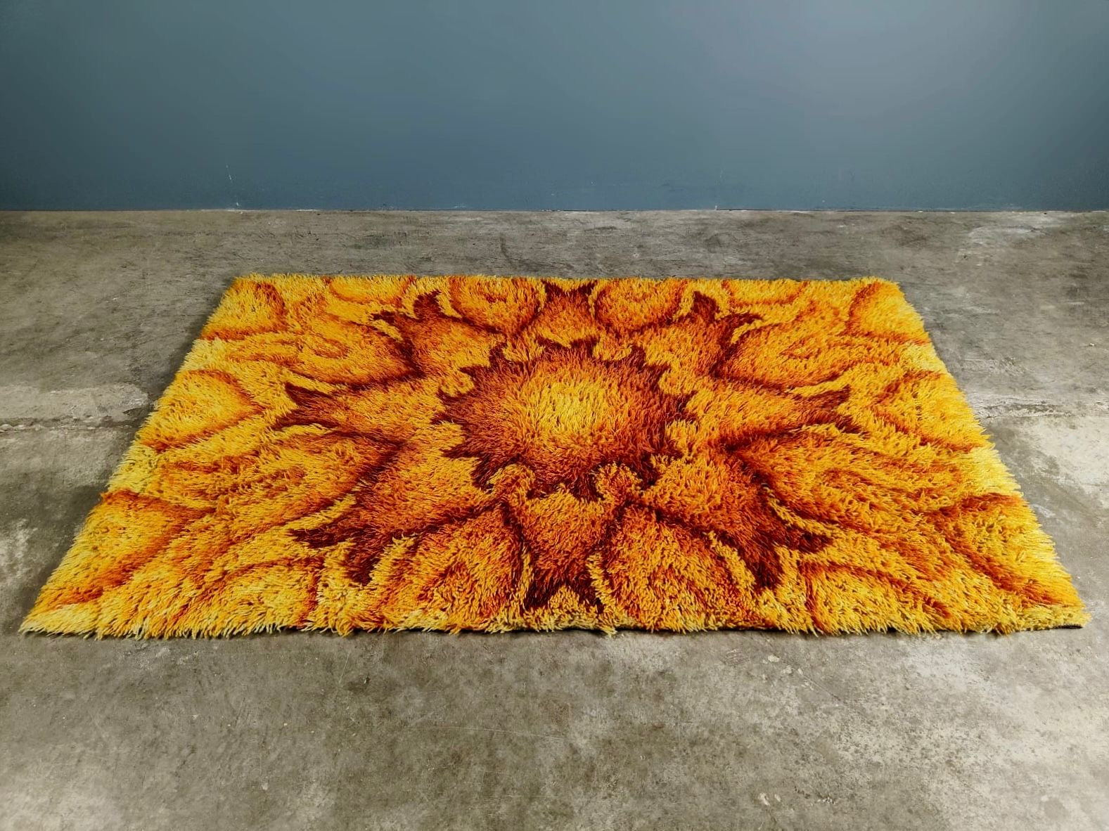 SOLD Mid Century Retro Large Yellow Orange Brown Rug Norwegian Vintage Wool MCM