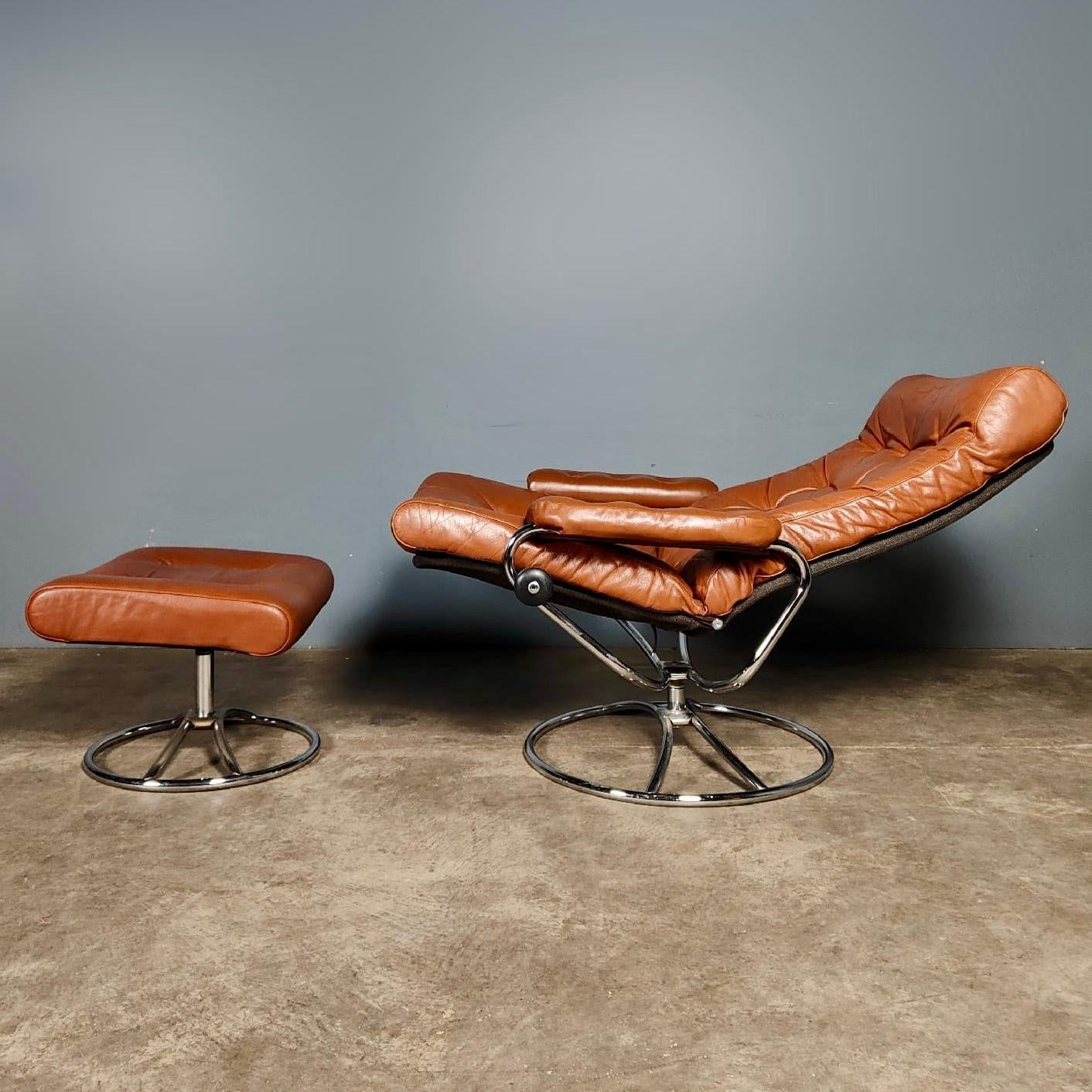 SOLD Pair Of Mid Century Brown Leather & Chrome Ekornes Stressless Reclining Lounge Chairs & Footstools Vintage Retro MCM