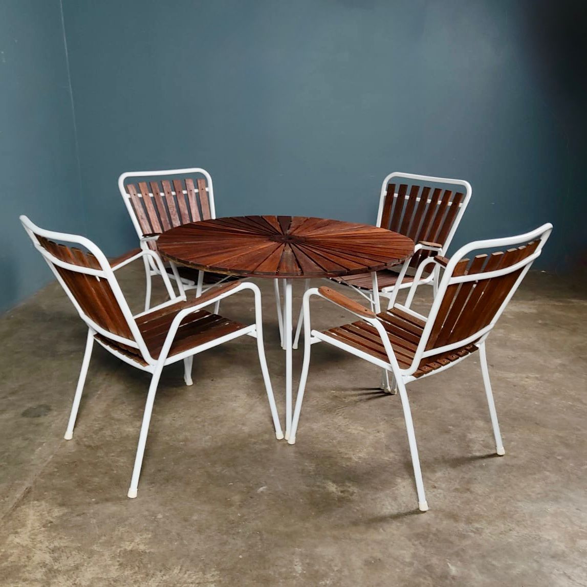 SOLD Four Daneline BKS Garden Stacking Chairs & Folding Sunburst Table Danish Teak Mid Century Vintage Retro MCM