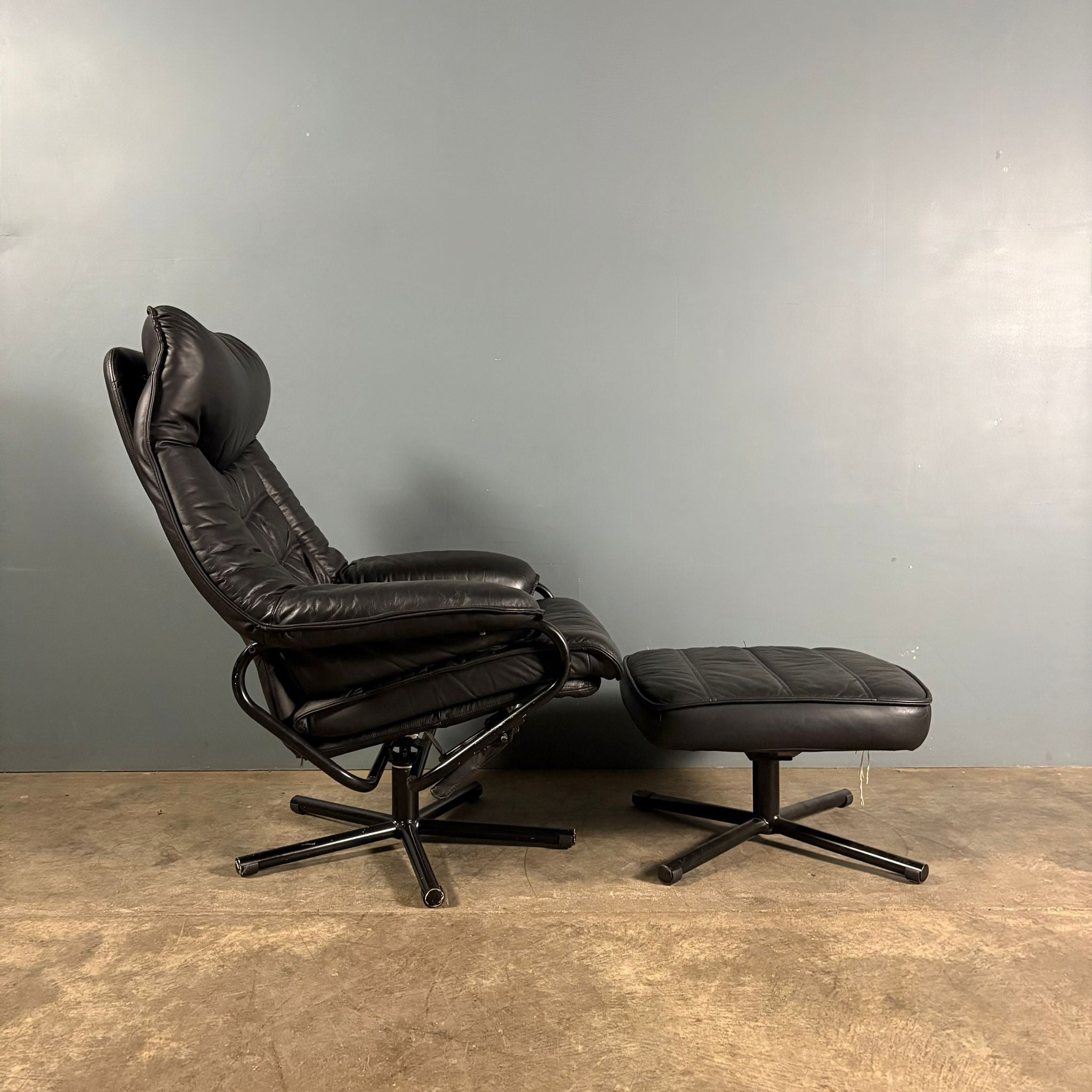 Black Leather Skoghaug Reclining Swivel Lounge Chair With Matching Footstool/Ottoman Mid Century Vintage Retro MCM